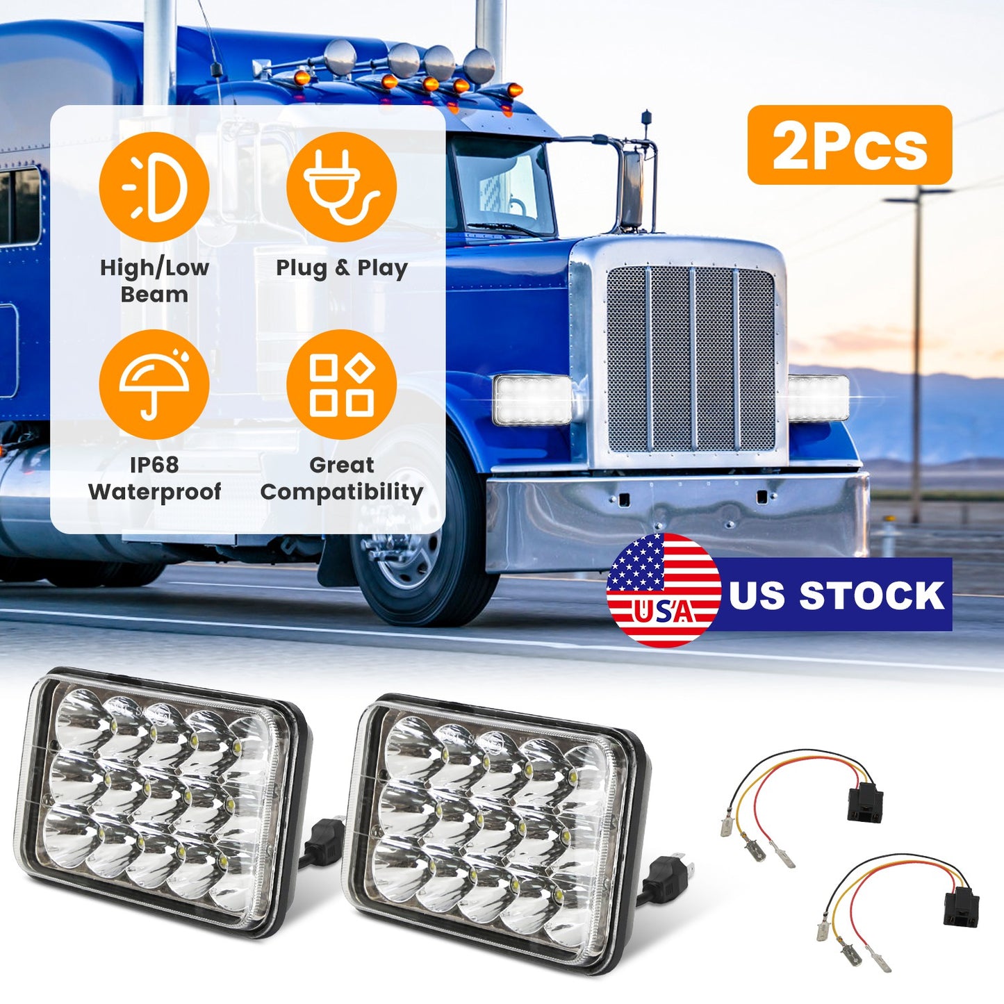 4x6 Inch LED Headlights with High/Low Beam for Cars & Trucks