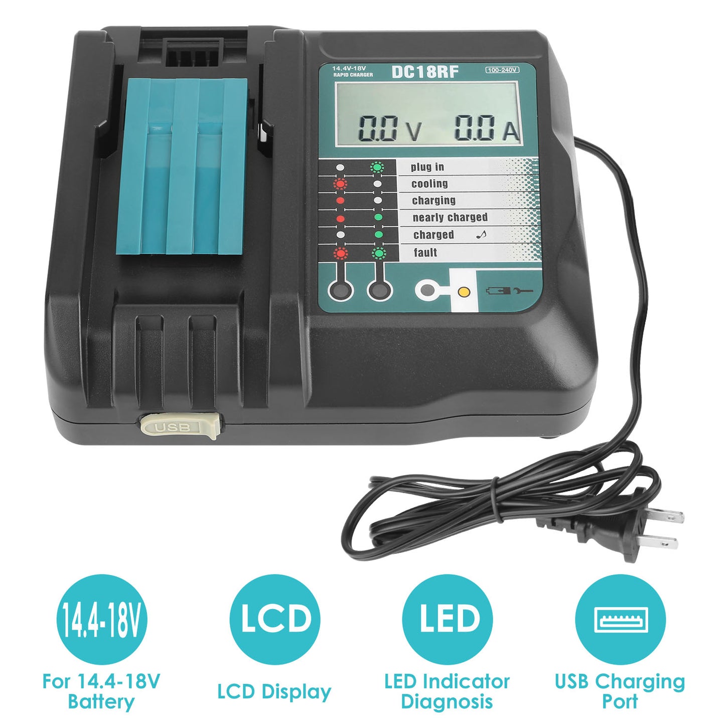 Makita Battery Charger 14.4-18V with LCD Display & USB Port