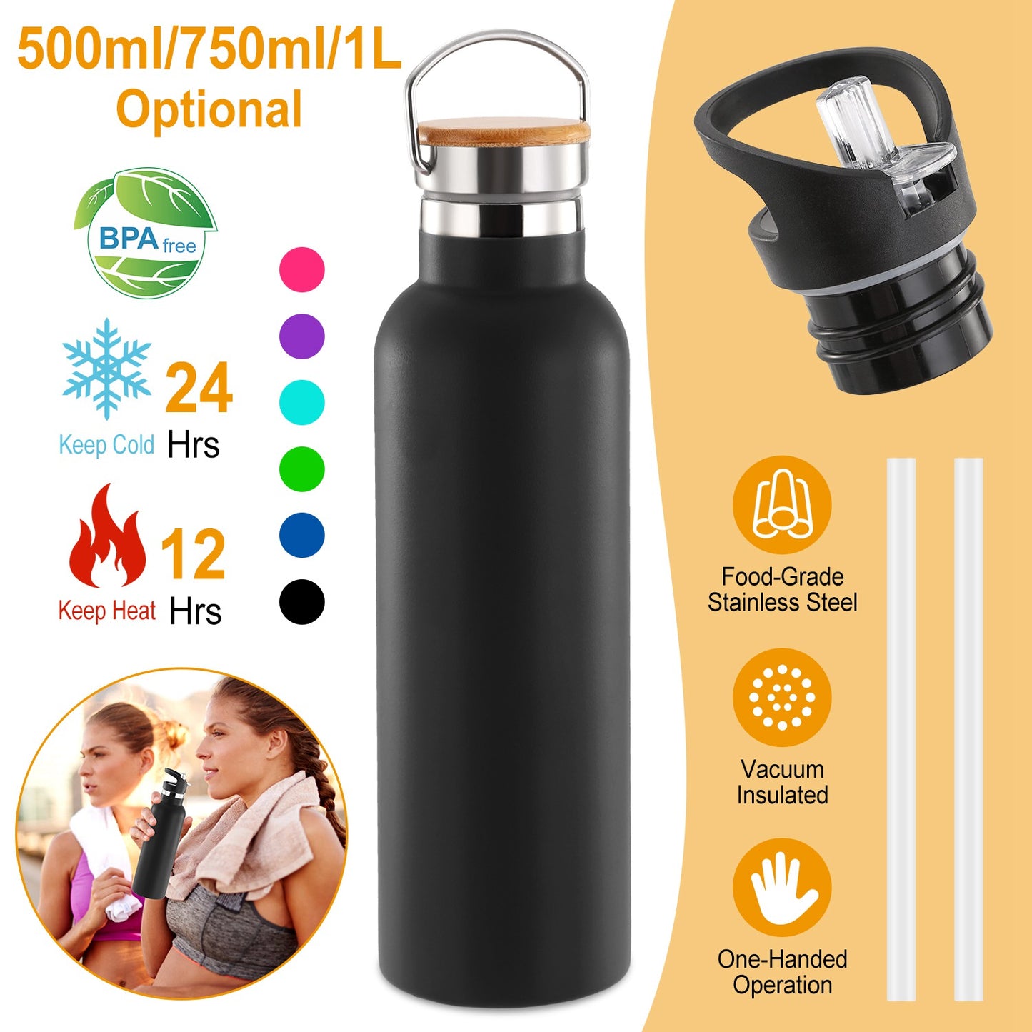 Insulated Stainless Steel Water Bottle with Dual Lids & Straws