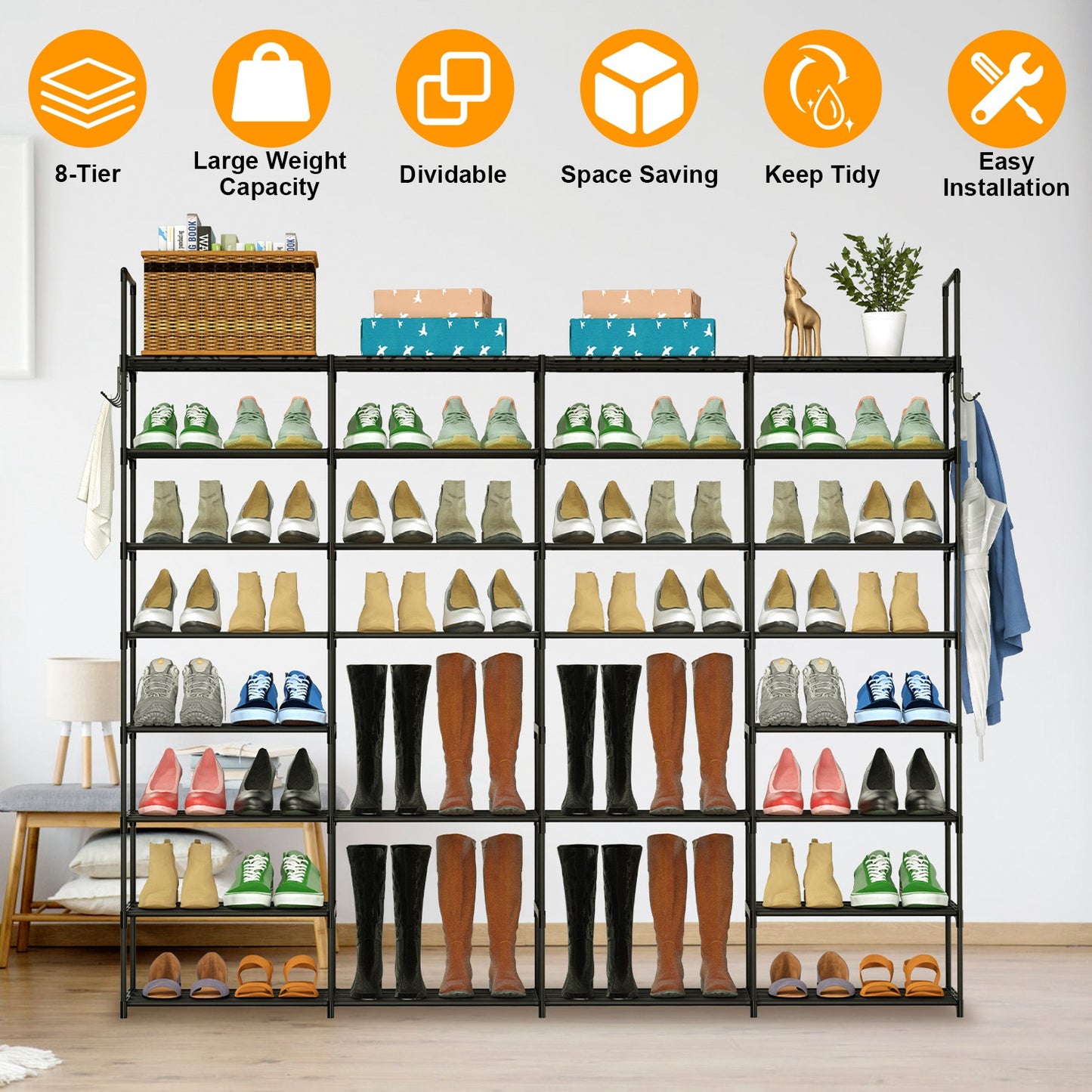 8-Tier Metal Shoe Rack - Holds 56 Pairs with Hooks