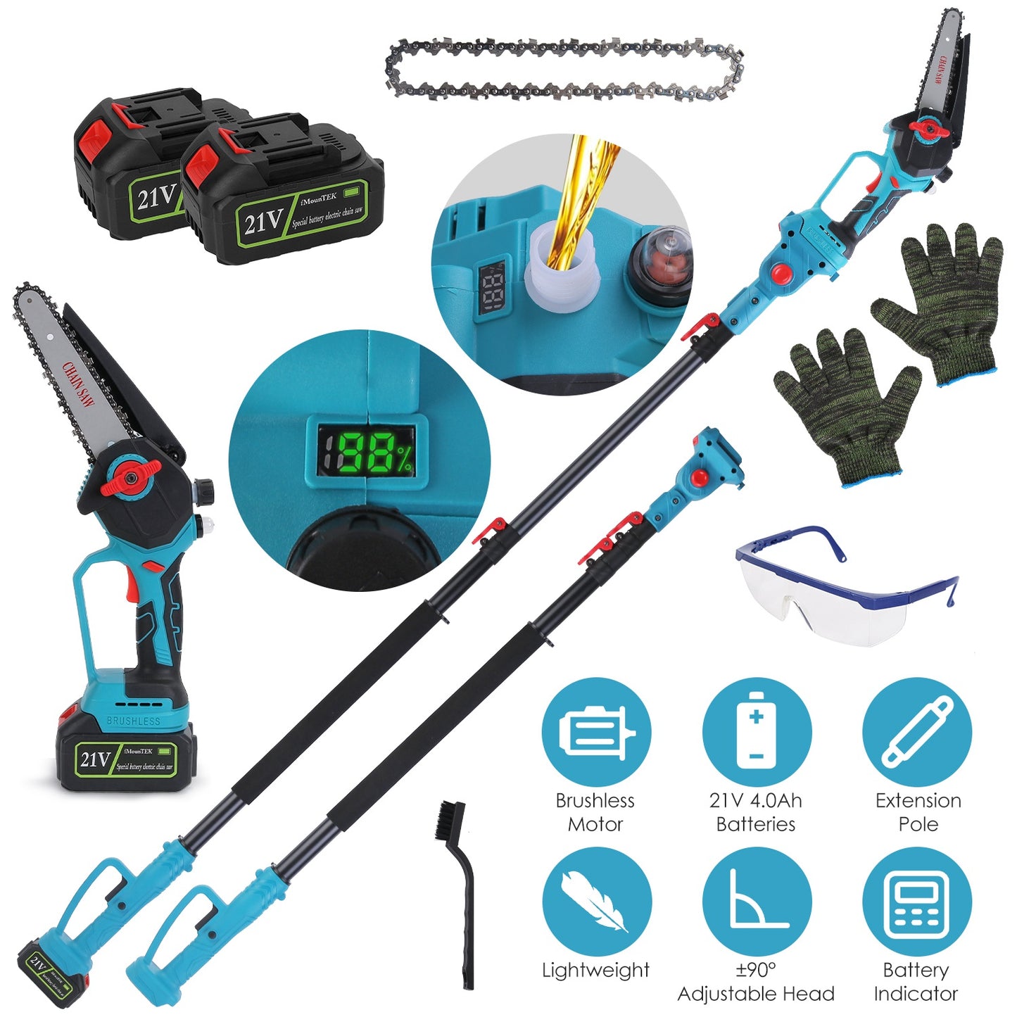 Cordless Pole Saw 2-in-1 with Extension Pole 21V Brushless