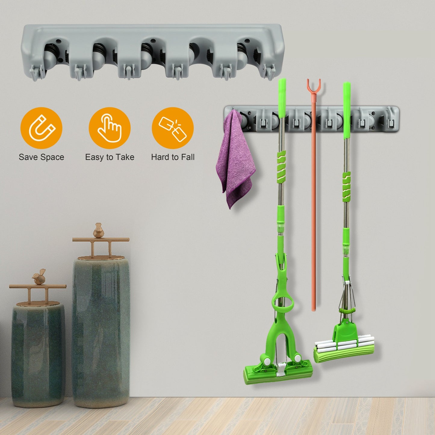Wall Mount Mop Holder with 5 Slots and 6 Hooks