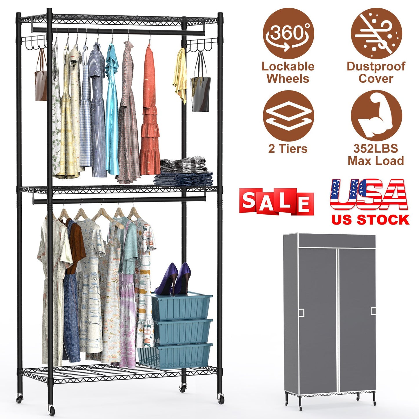 2-Tier Portable Clothing Rack with Cover and Wheels