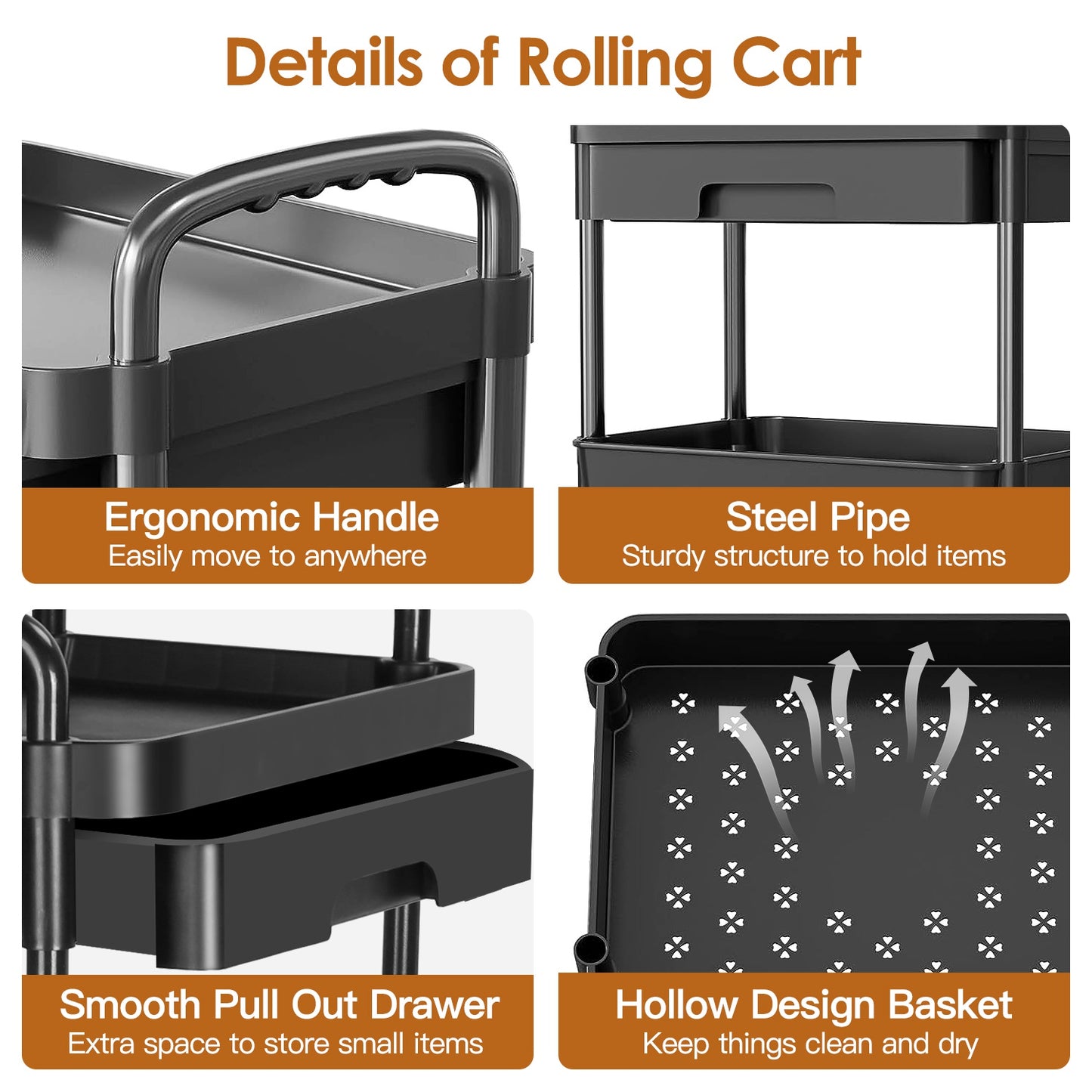 3-Tier Rolling Utility Cart with Drawer and Lockable Wheels