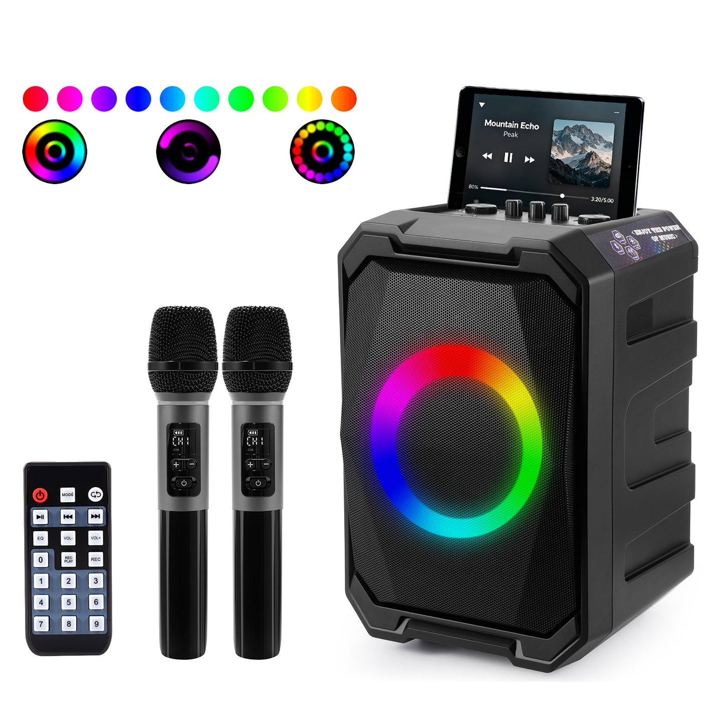 Portable Wireless Party Speaker with LED Lights & 2 Mics