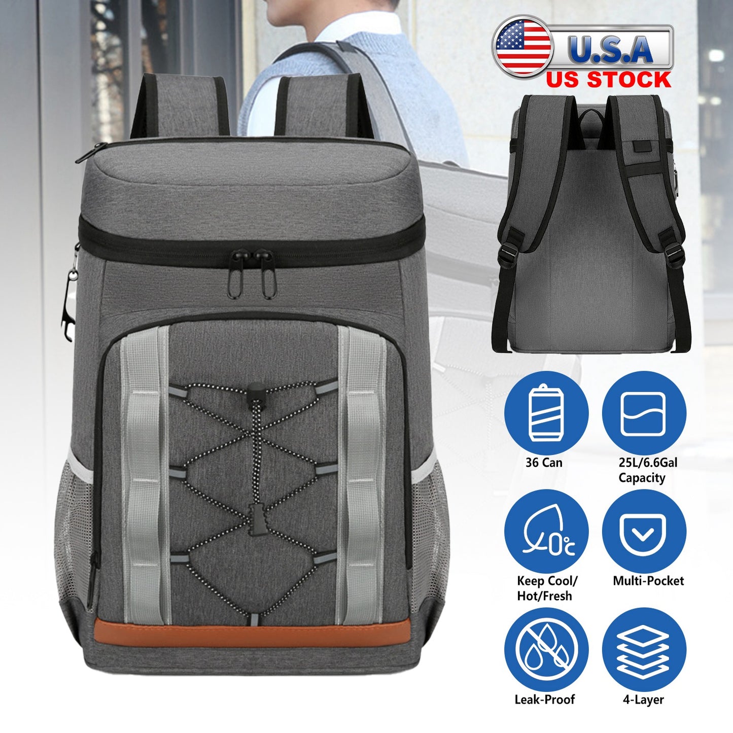 Insulated Cooler Backpack 36 Can Leakproof with Bottle Opener