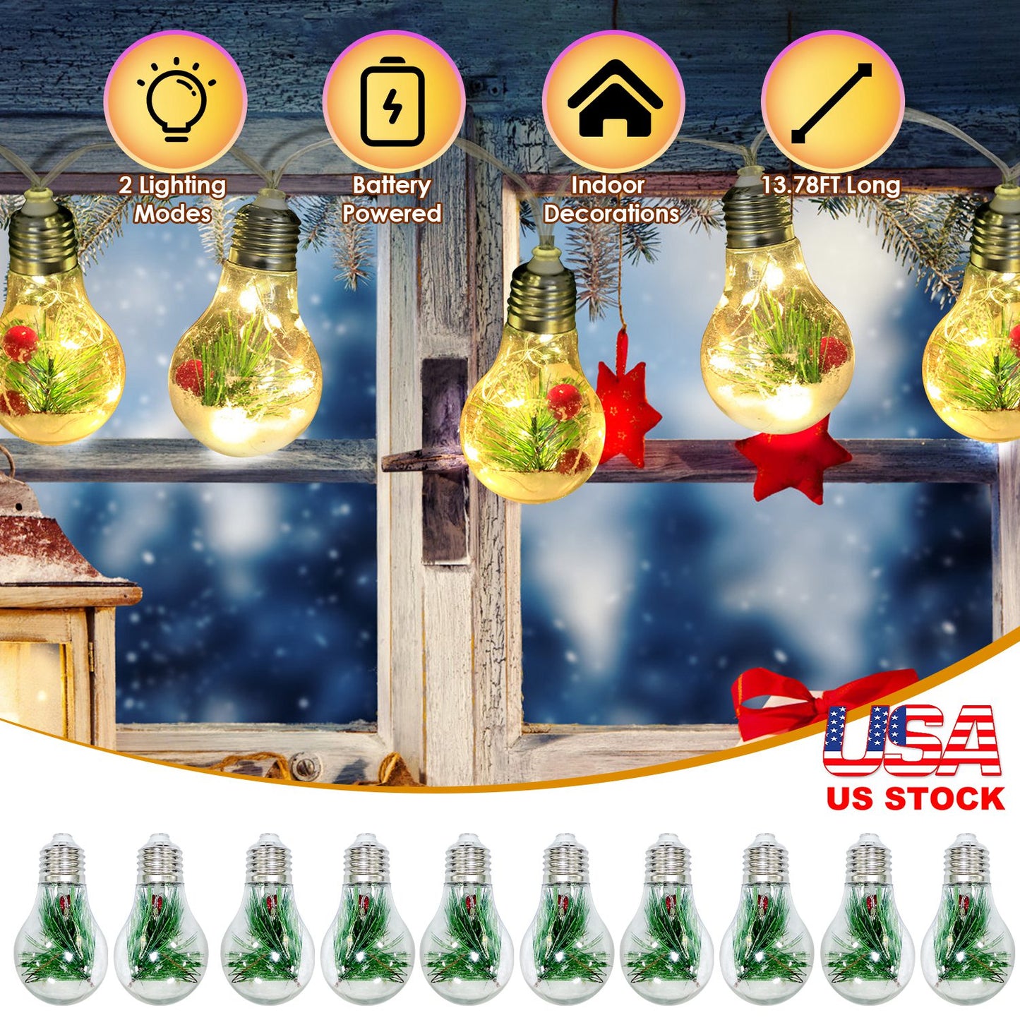 Snow Globe String Lights 10 LED Battery Powered Christmas Decor