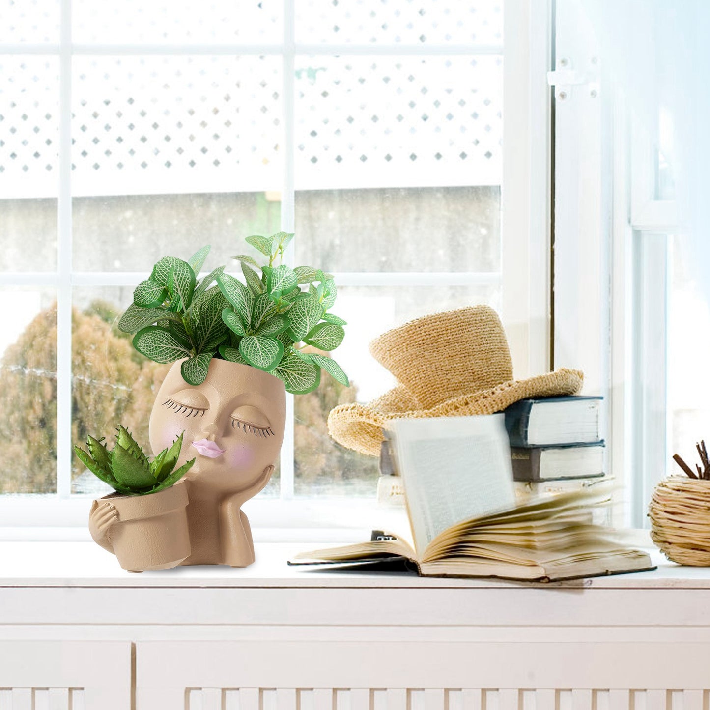 Girl Face Planter Pot with Dual Opening & Drainage Hole