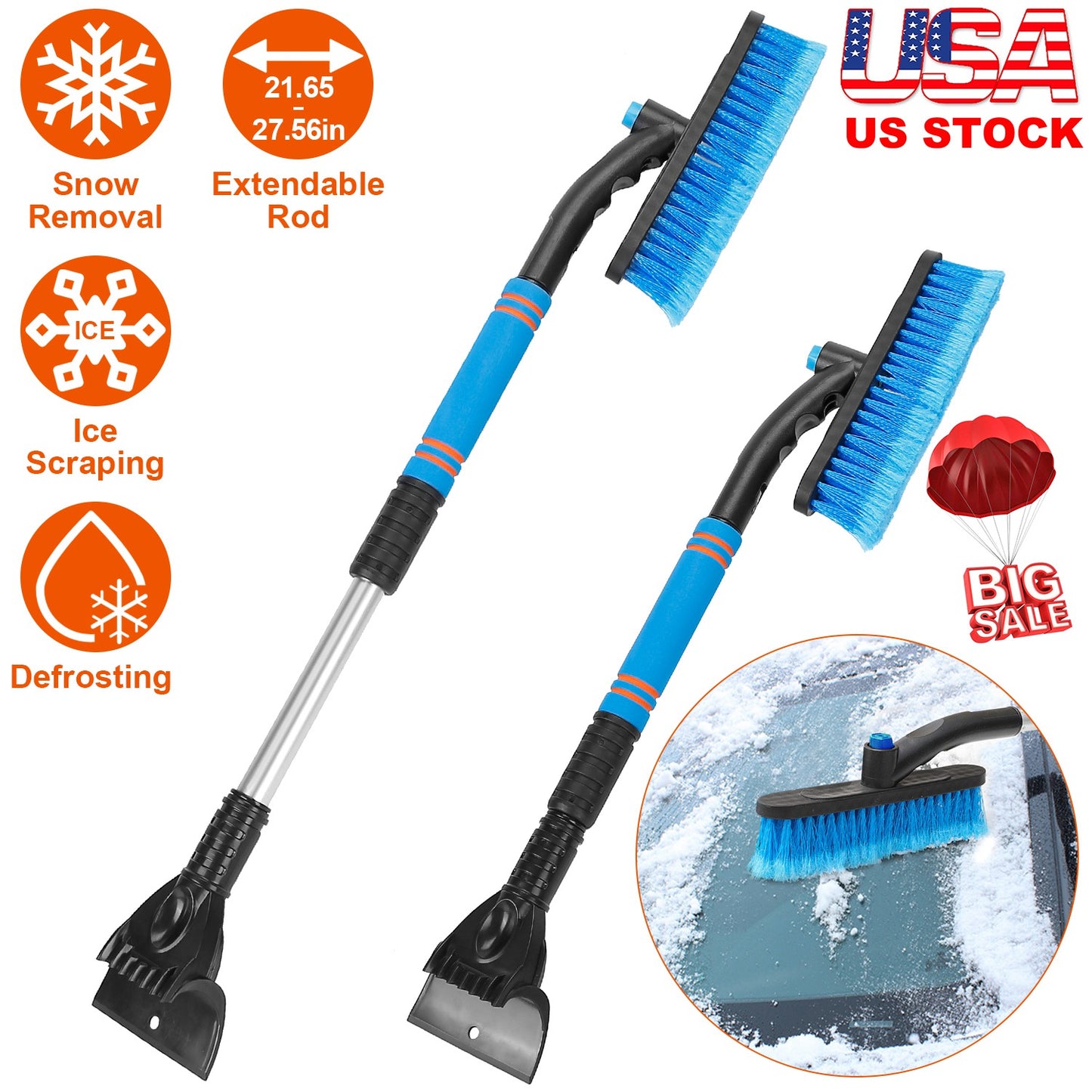 Extendable Snow Brush and Ice Scraper with Pivoting Head