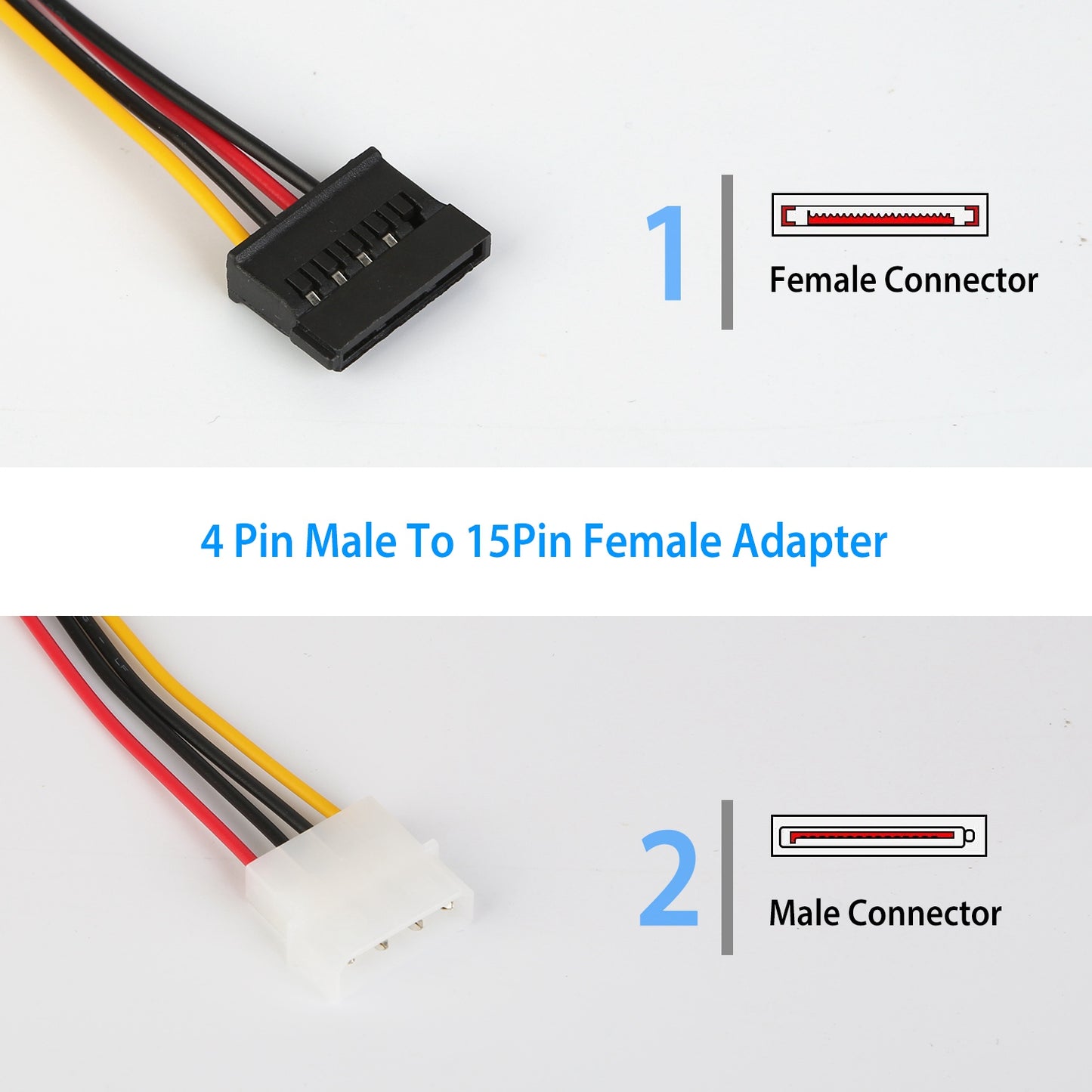 4-Pin to 15-Pin SATA Power Adapter Cable - 2 Pack