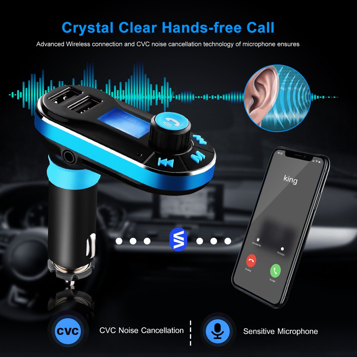 FM Transmitter with Dual USB Charger & Hands-Free Calling