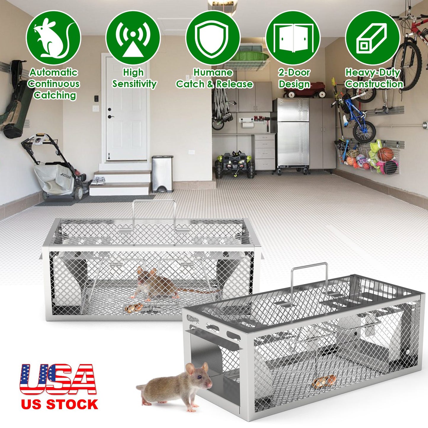 2-Pack Humane Rat Trap with Dual-Door Continuous Catch