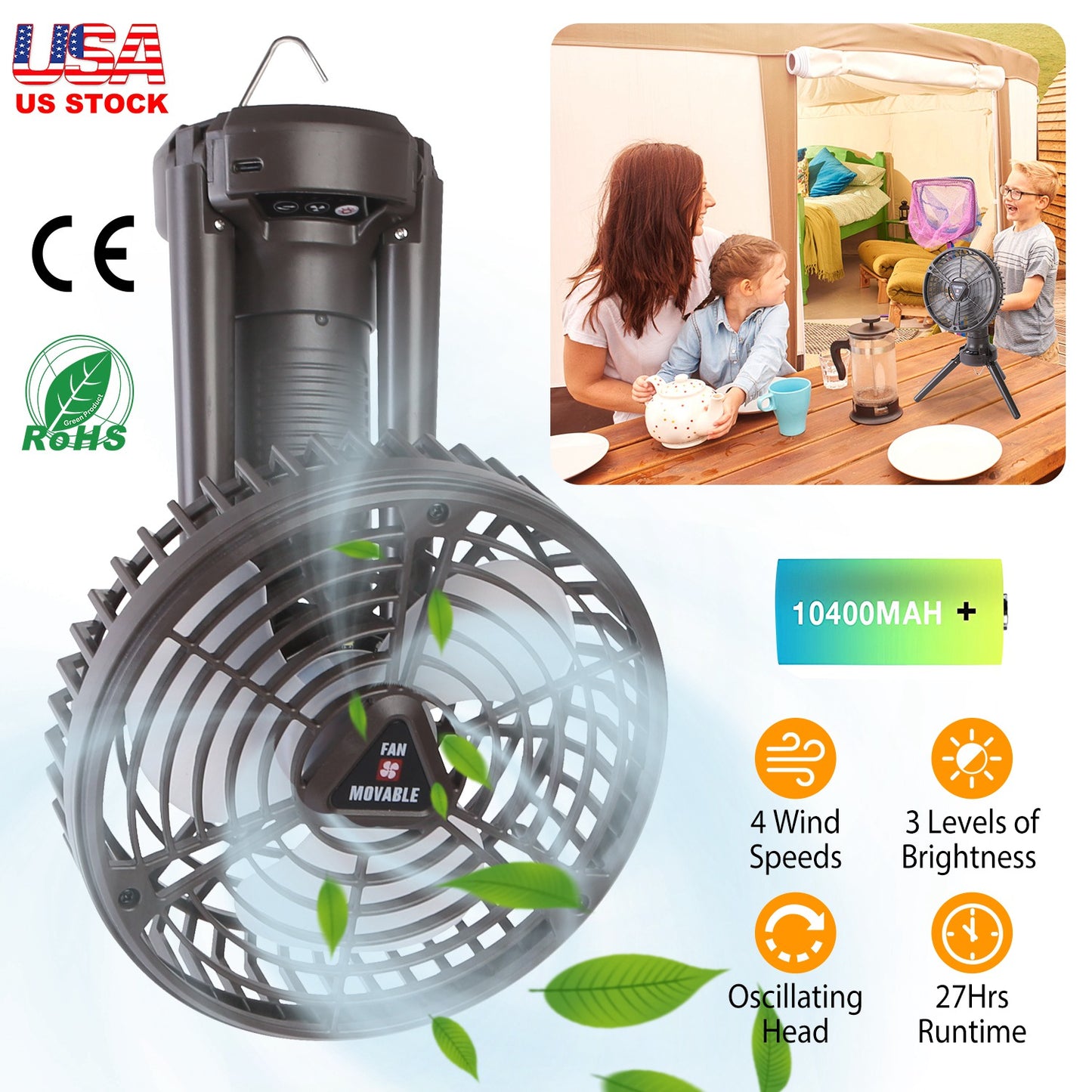 Portable Camping Fan with LED Light and Tripod Stand