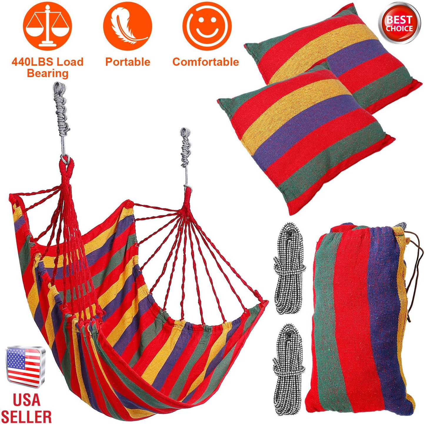Hammock Hanging Chair with Pillows – 440 LBS Capacity