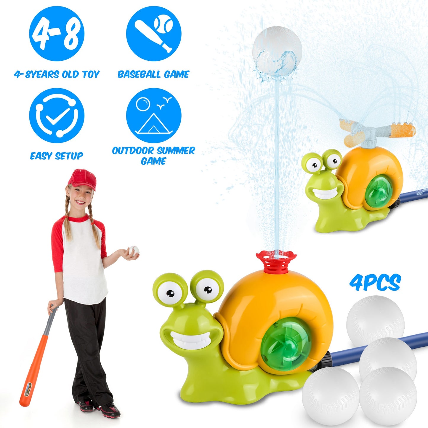 Snail Water Sprinkler Baseball Toy with 360° Rotating Spray