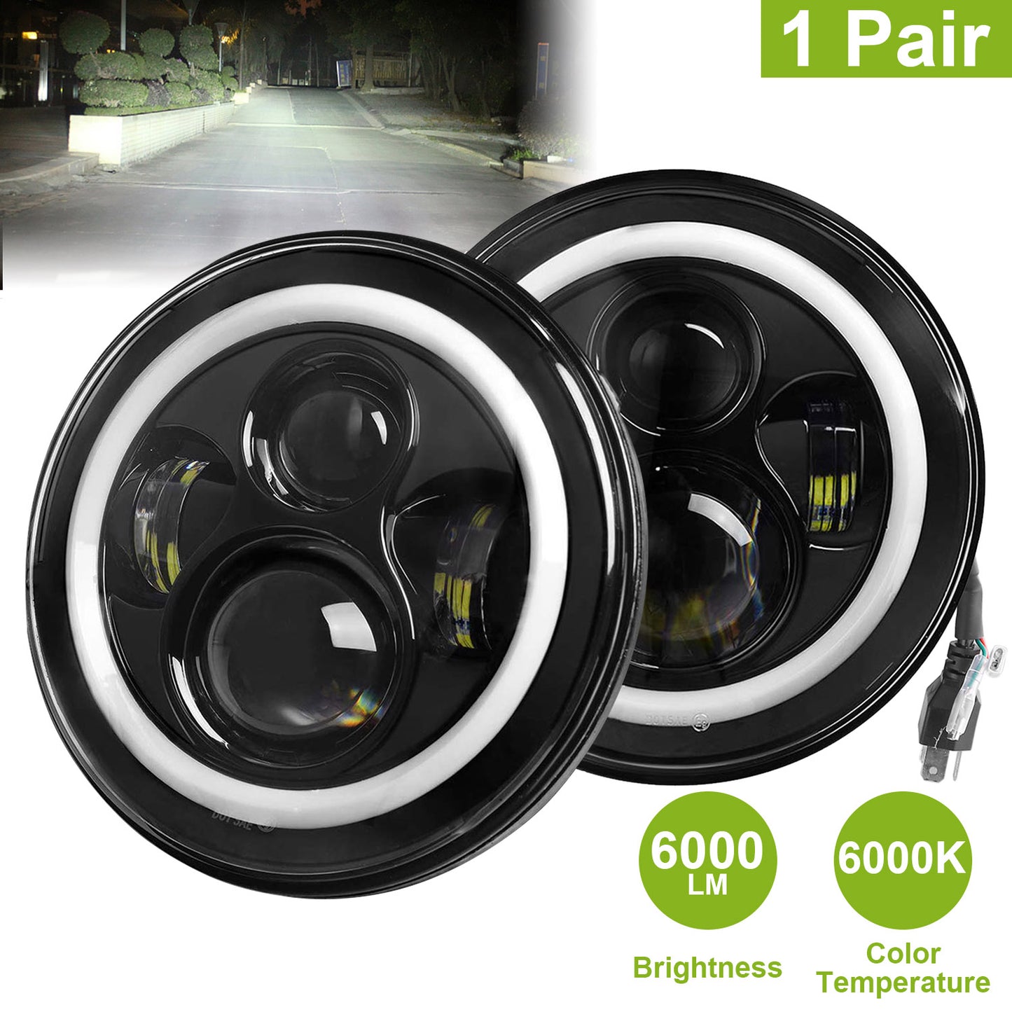7" Round LED Headlights with Halo Angel Eyes for Jeep Wrangler