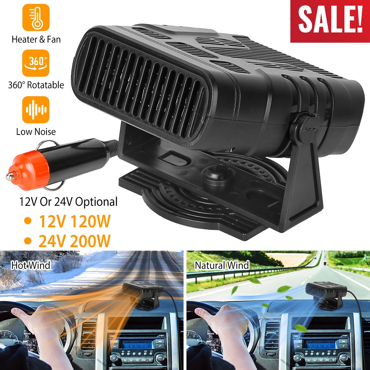 24V Portable Car Heater 200W 2-in-1 Defroster Fan
