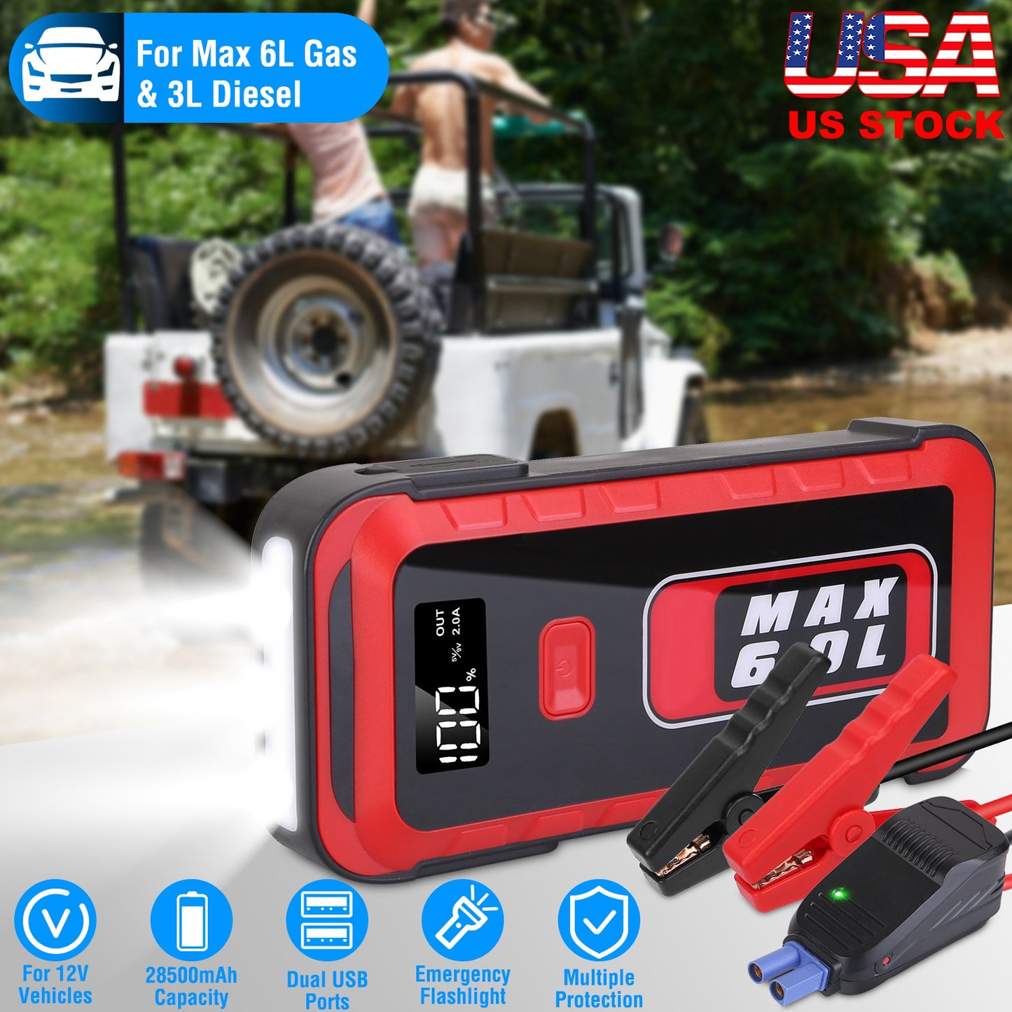 Car Jump Starter 2500A Peak 25800mAh Power Bank with LED Flashlight