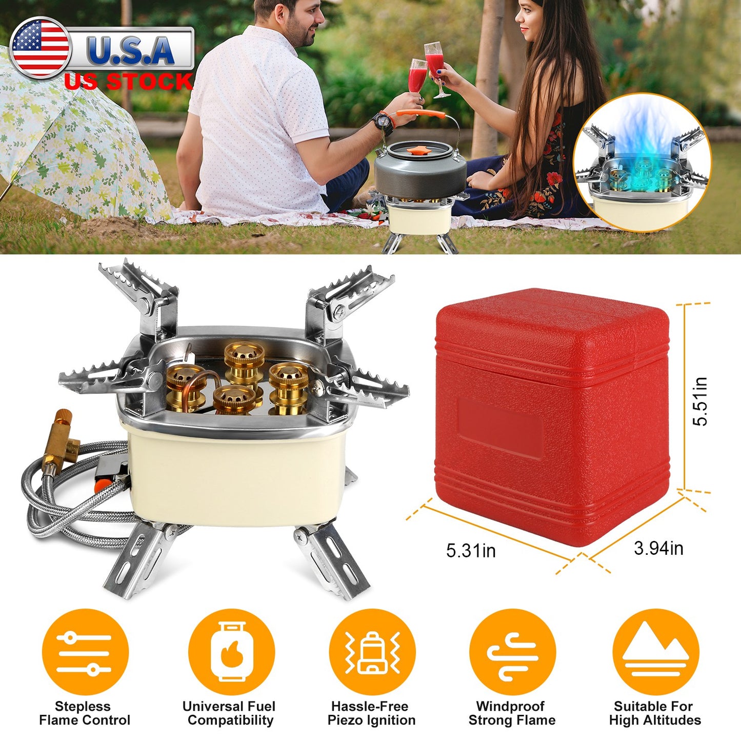 Portable Camping Stove 13000W 5-Head Gas Burner with Piezo Ignition