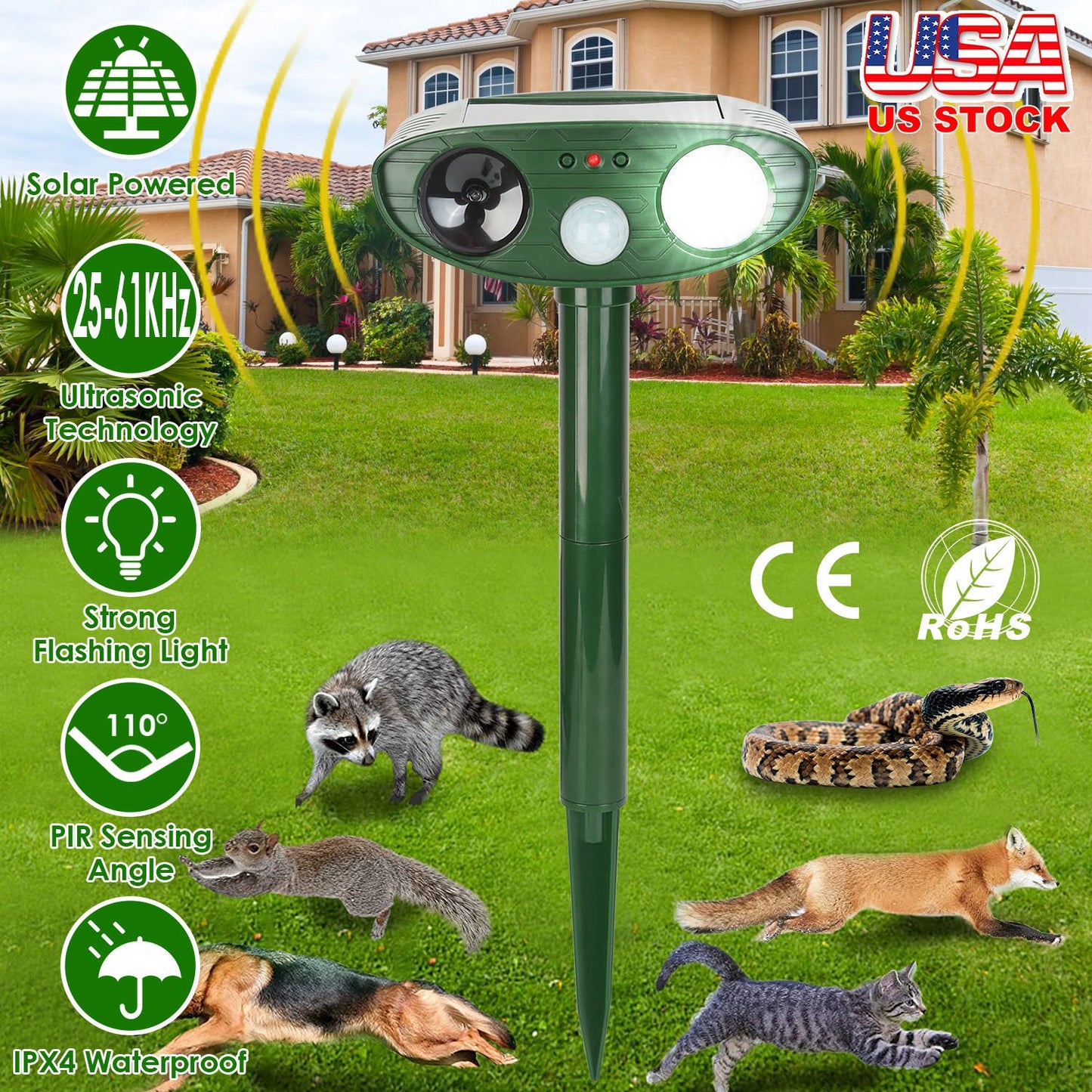 Solar Ultrasonic Animal Repeller with Motion Sensor & LED Light