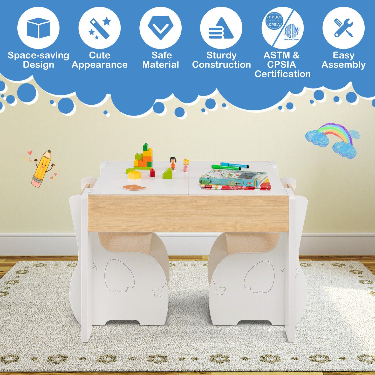 Kids Activity Table and Chair Set with Storage & Blackboard