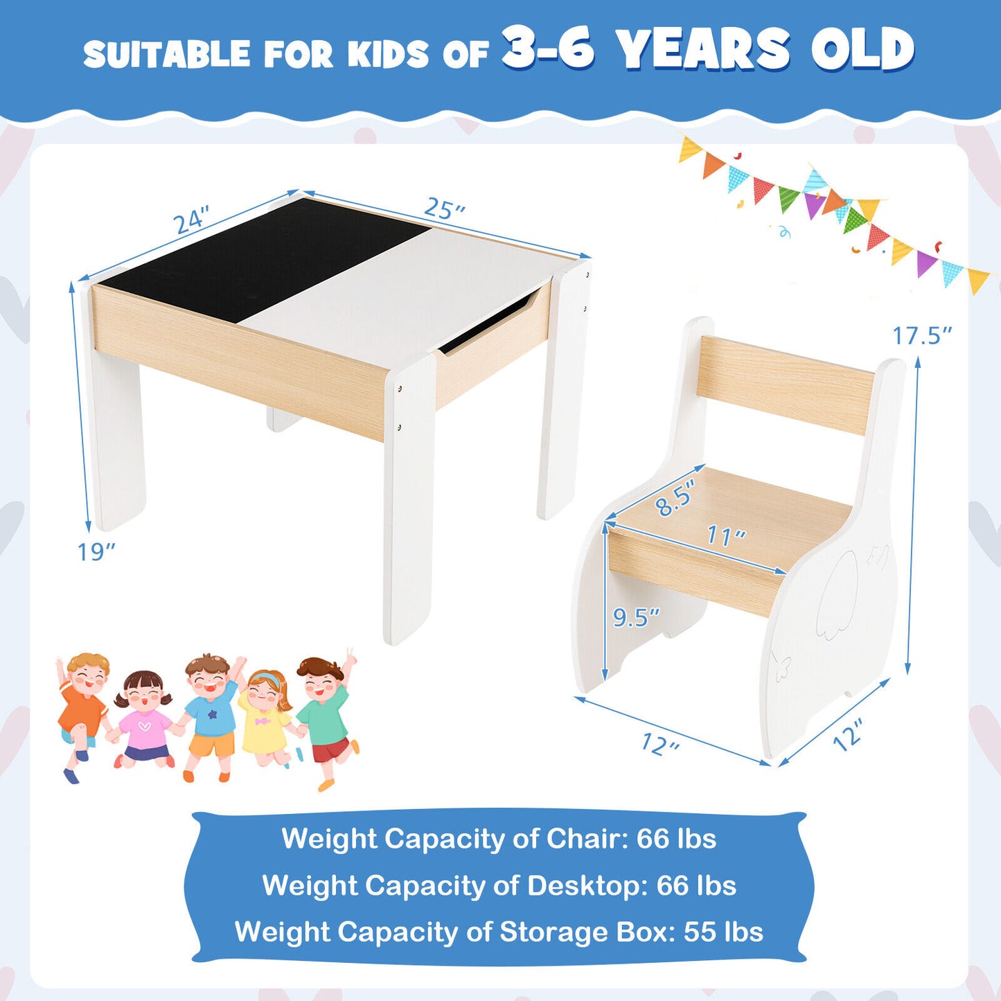 Kids Activity Table and Chair Set with Storage & Blackboard