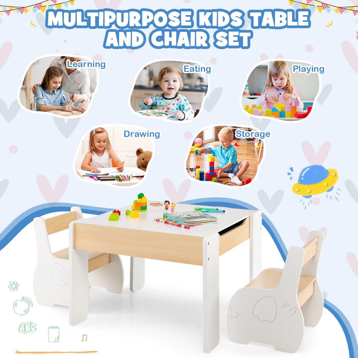 Kids Activity Table and Chair Set with Storage & Blackboard