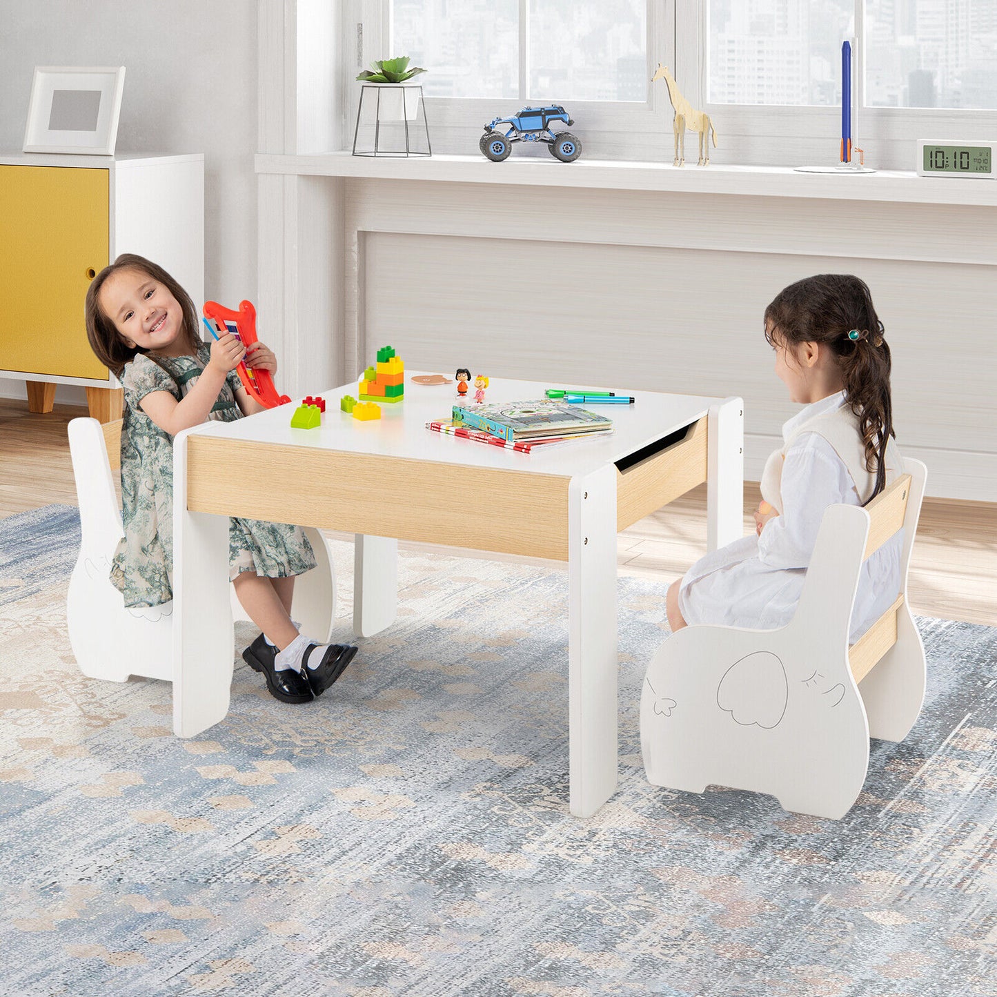 Kids Activity Table and Chair Set with Storage & Blackboard