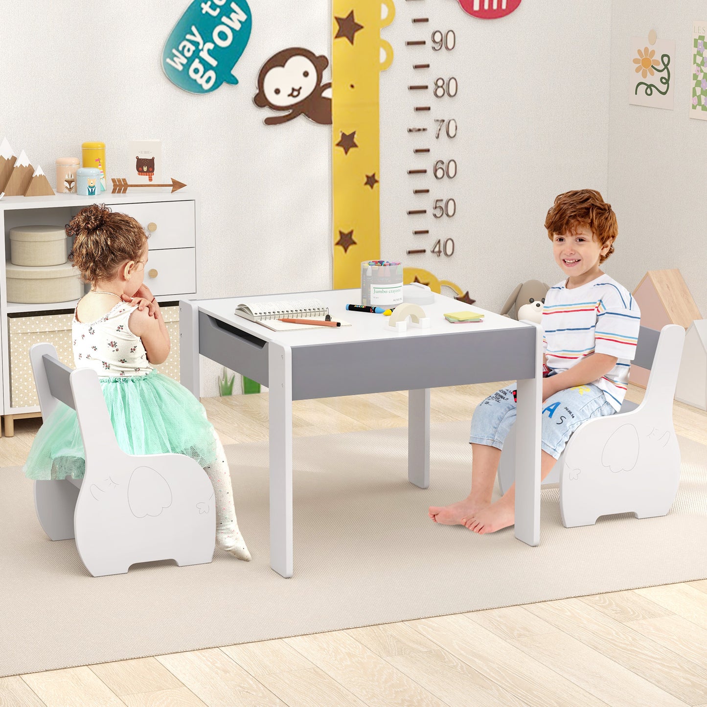 Kids Activity Table and Chair Set with Storage & Blackboard