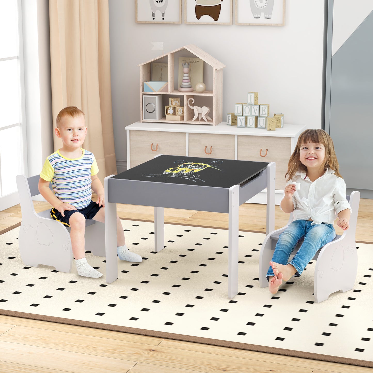 Kids Activity Table and Chair Set with Storage & Blackboard