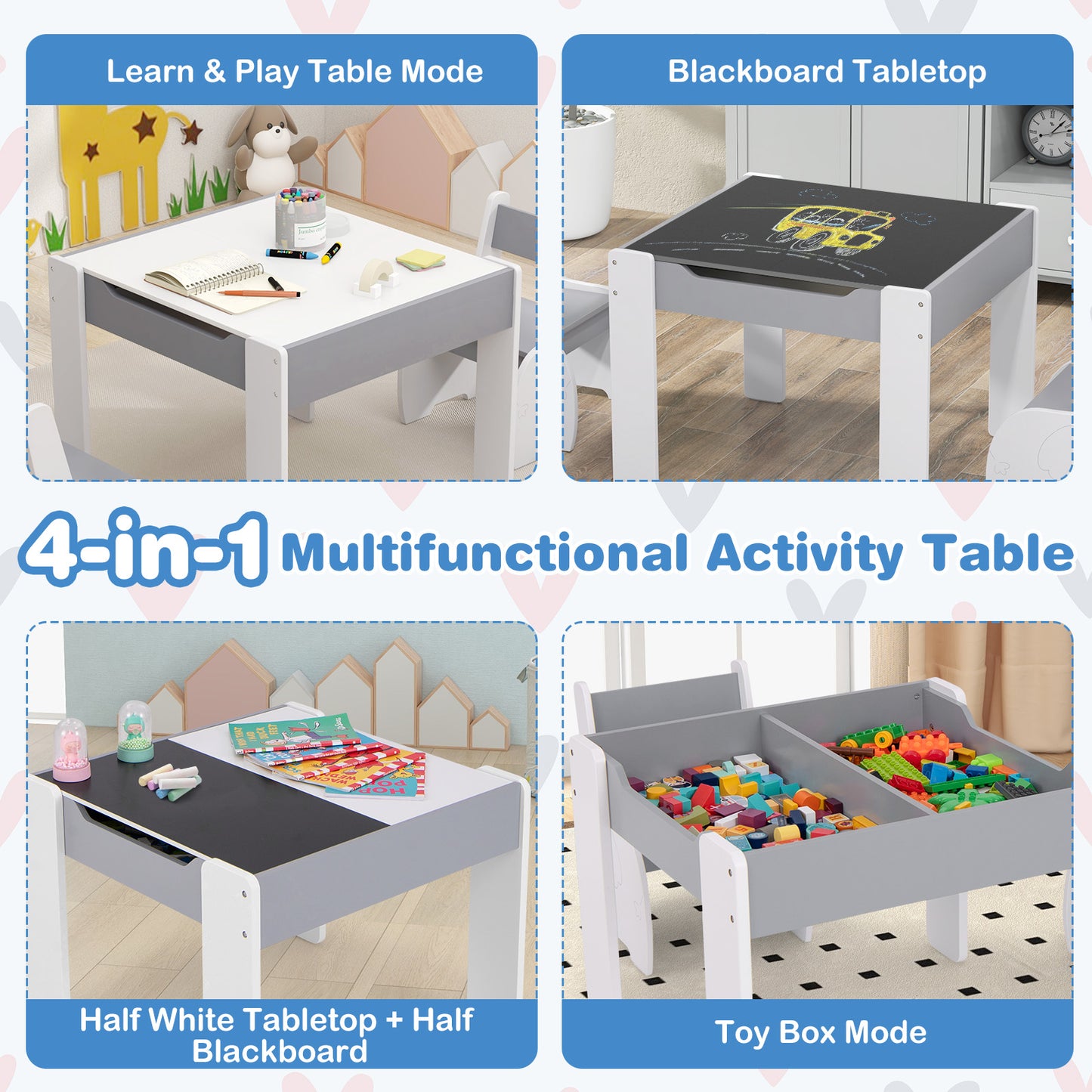 Kids Activity Table and Chair Set with Storage & Blackboard