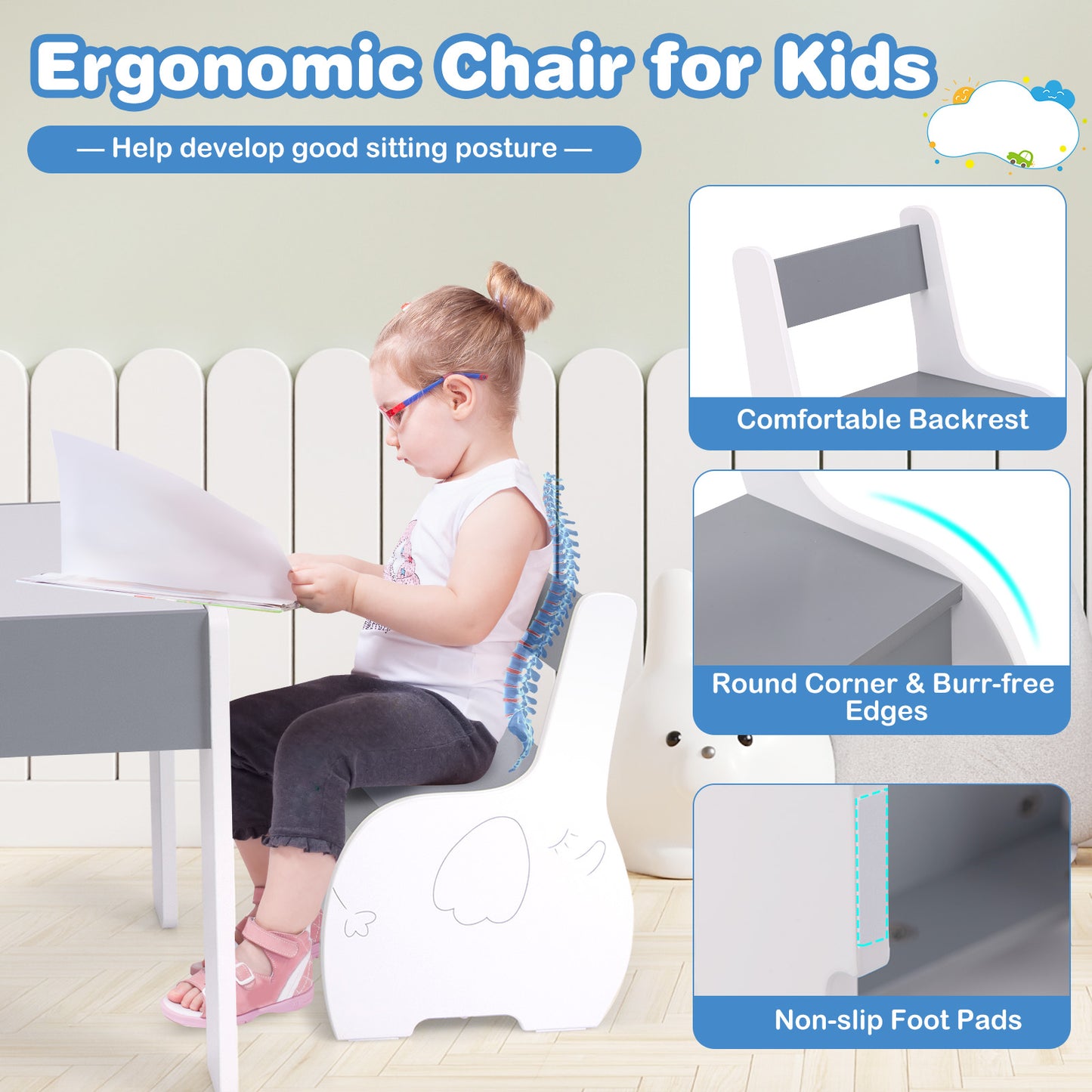 Kids Activity Table and Chair Set with Storage & Blackboard
