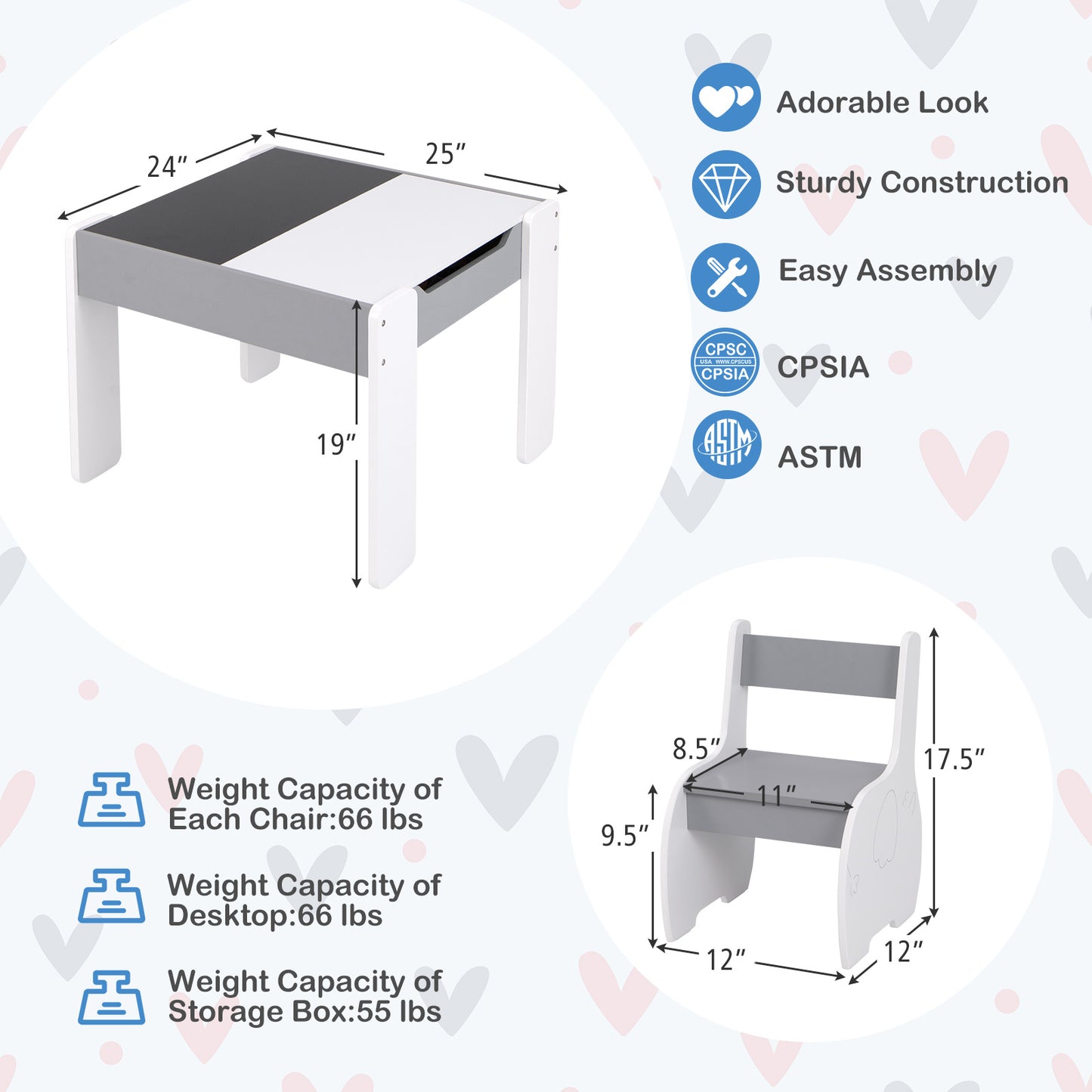 Kids Activity Table and Chair Set with Storage & Blackboard