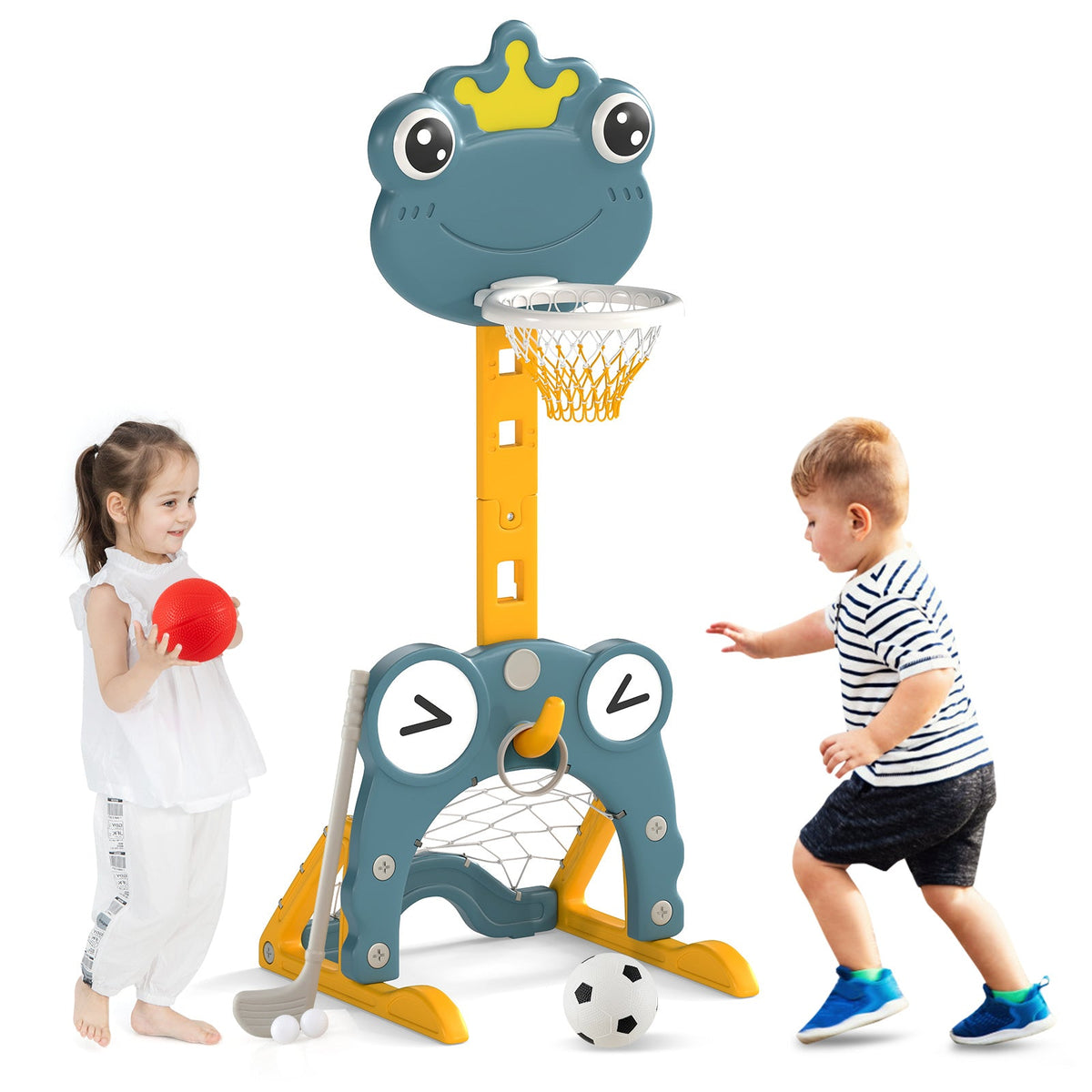 4-in-1 Toddler Basketball Hoop with Rim and Soccer Goal for 3+ Kids