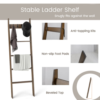 5-Tier Bamboo Ladder Bookshelf with 4 Removable Hooks-Brown
