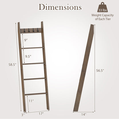 5-Tier Bamboo Ladder Bookshelf with 4 Removable Hooks-Brown