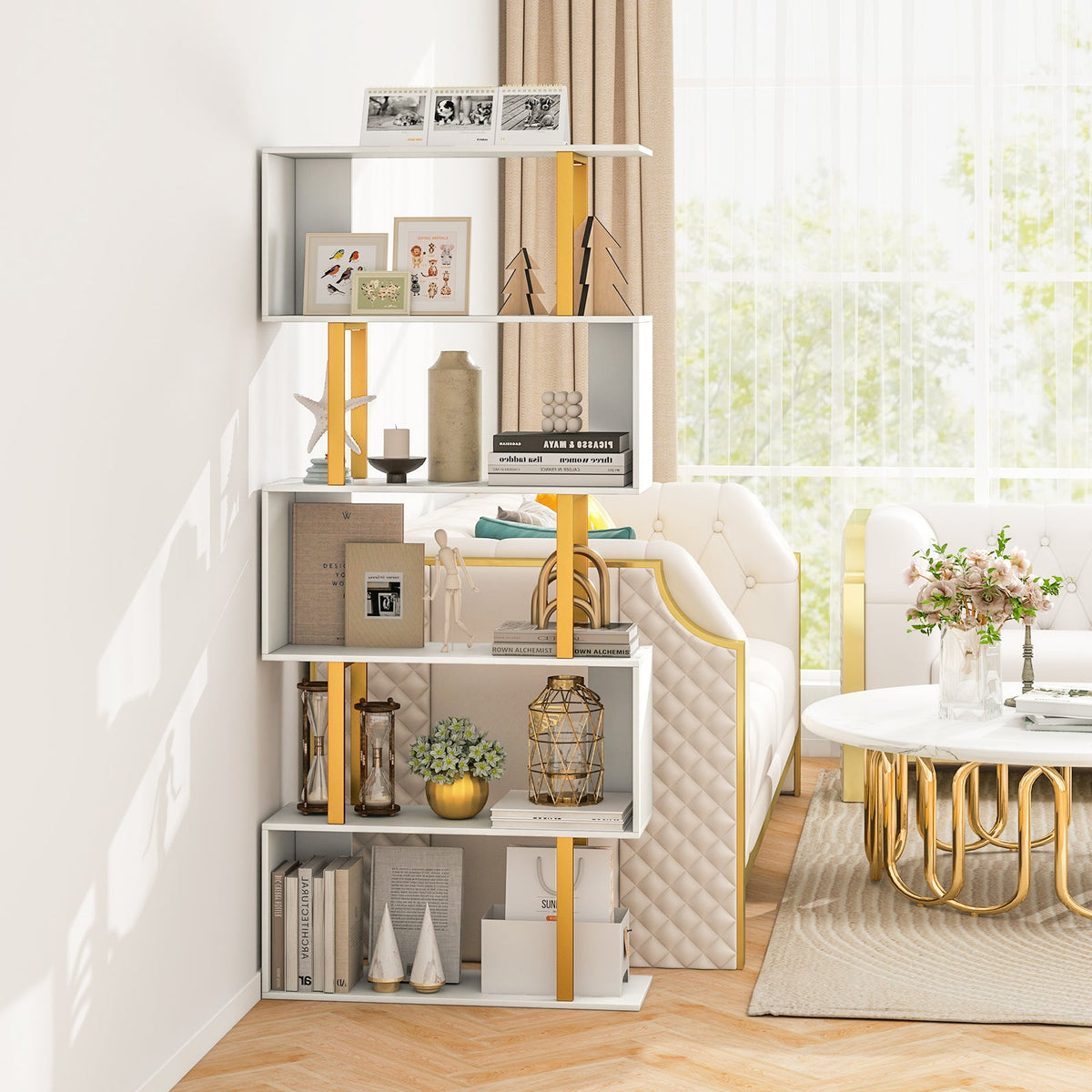 5-Tier/6-Tier Geometric Bookcase with Metal Frame and Anti-tipping Kits