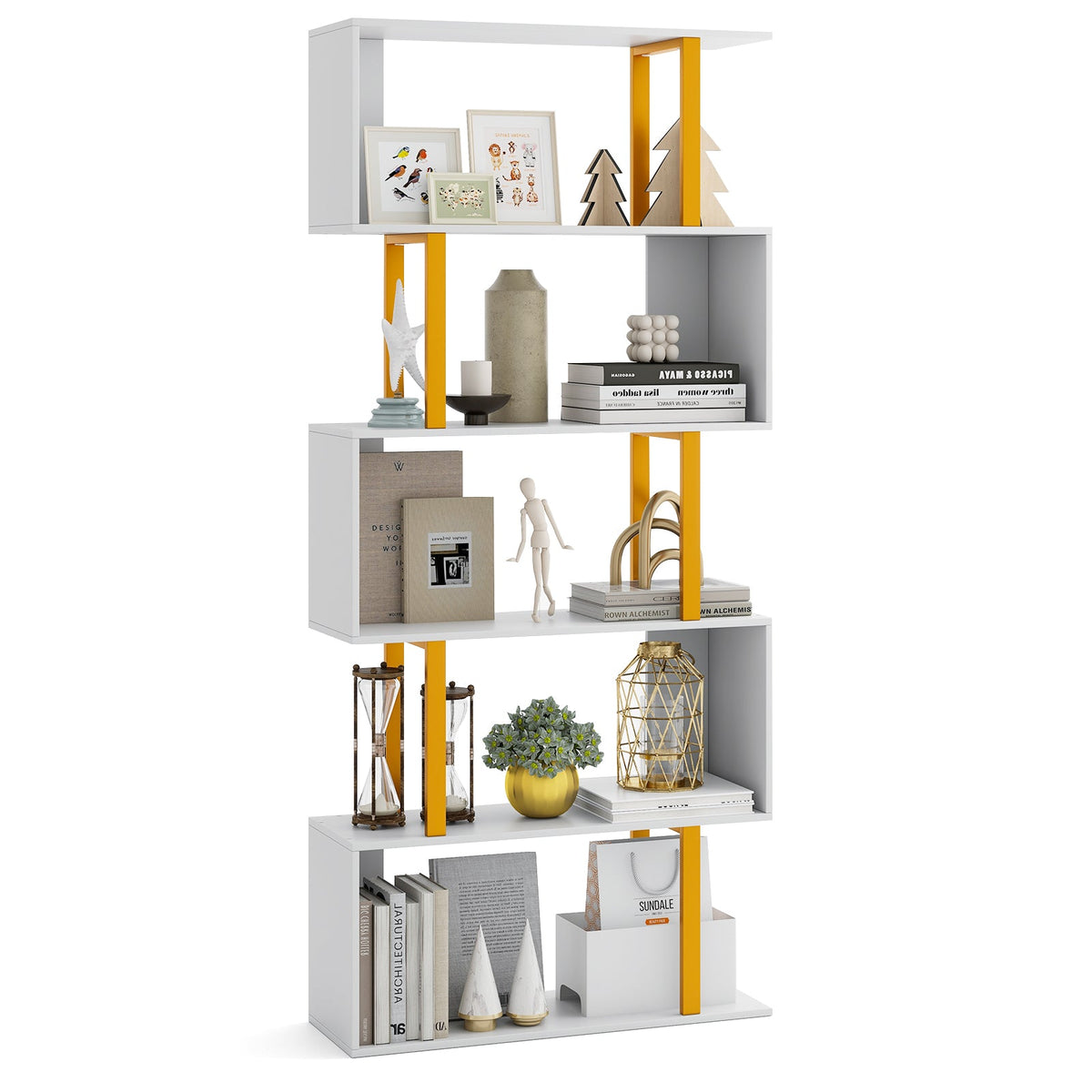 5-Tier/6-Tier Geometric Bookcase with Metal Frame and Anti-tipping Kits