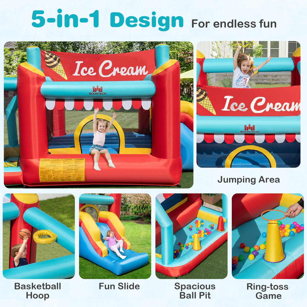 5-in-1 Ice Cream Inflatable Bounce House with Ball Pit and Slide without Blower