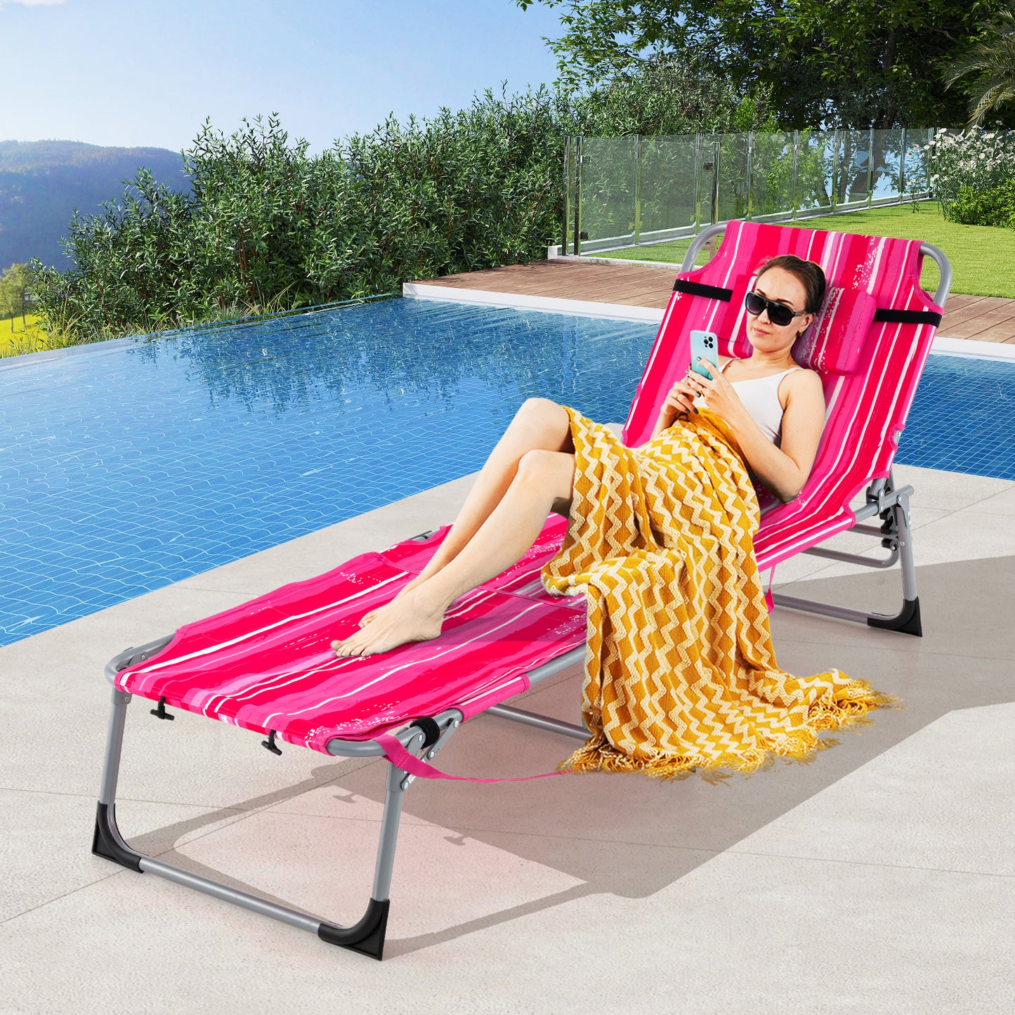 5-Position Folding Chaise Lounge Chair with Pillow