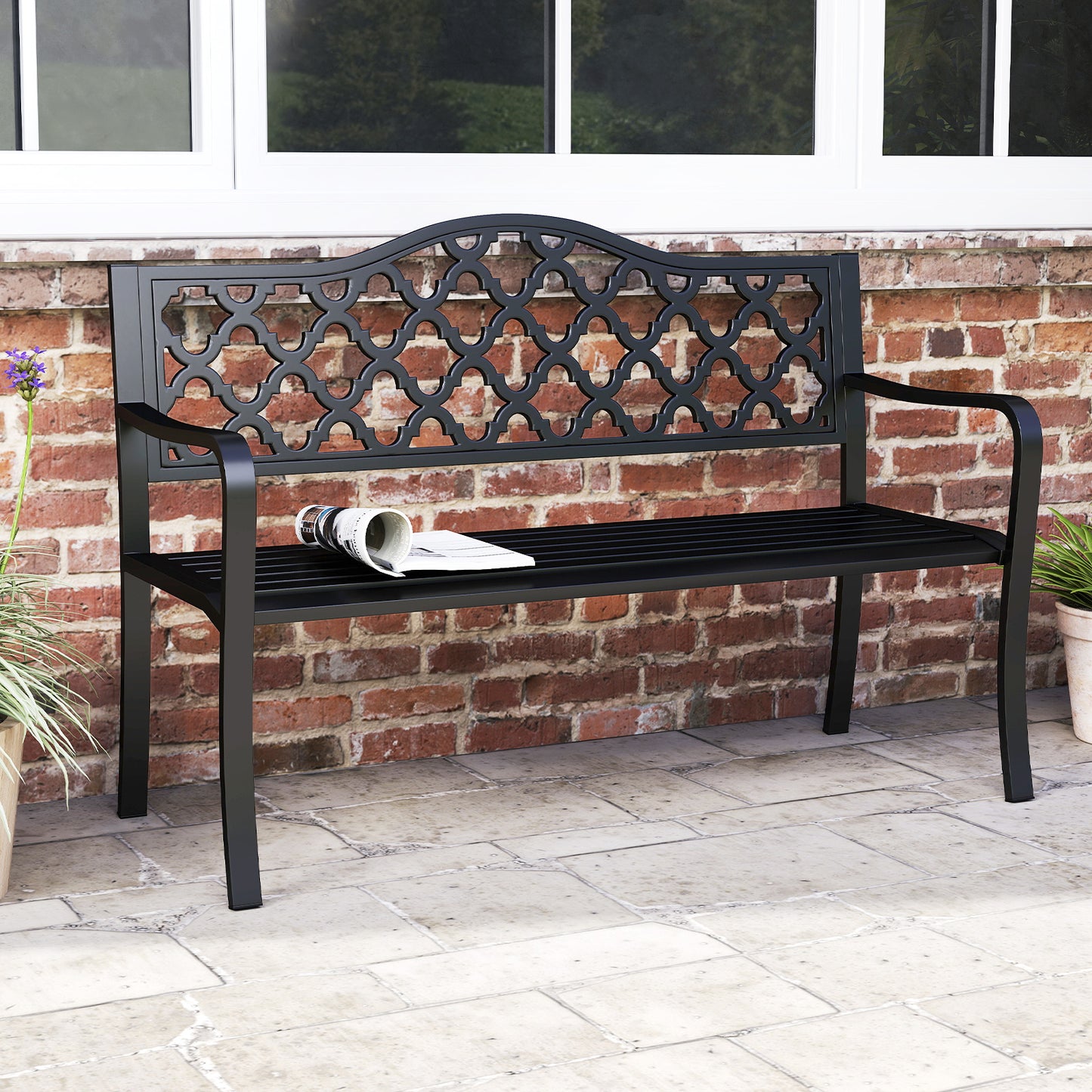 50.5 Inch Metal Patio Bench for 2-3 People with Curved Armrests