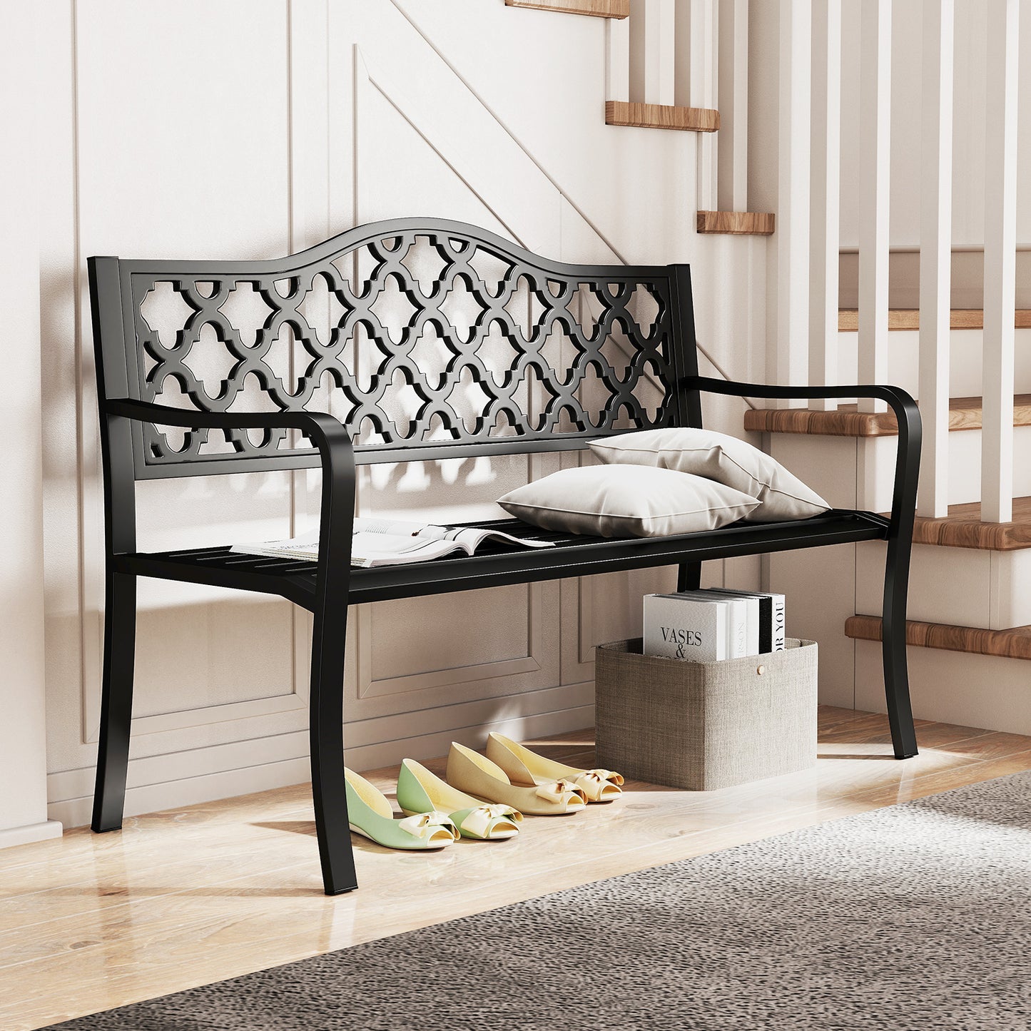 50.5 Inch Metal Patio Bench for 2-3 People with Curved Armrests