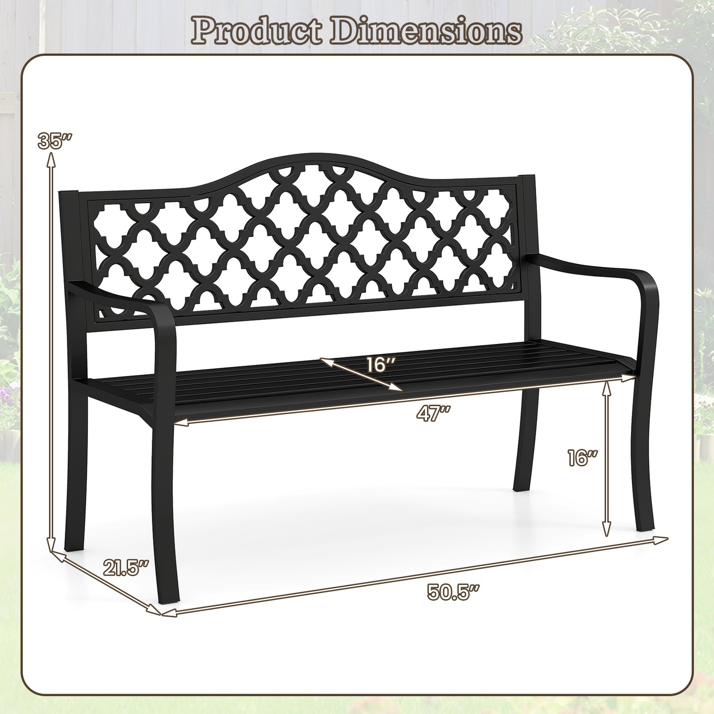 50.5 Inch Metal Patio Bench for 2-3 People with Curved Armrests