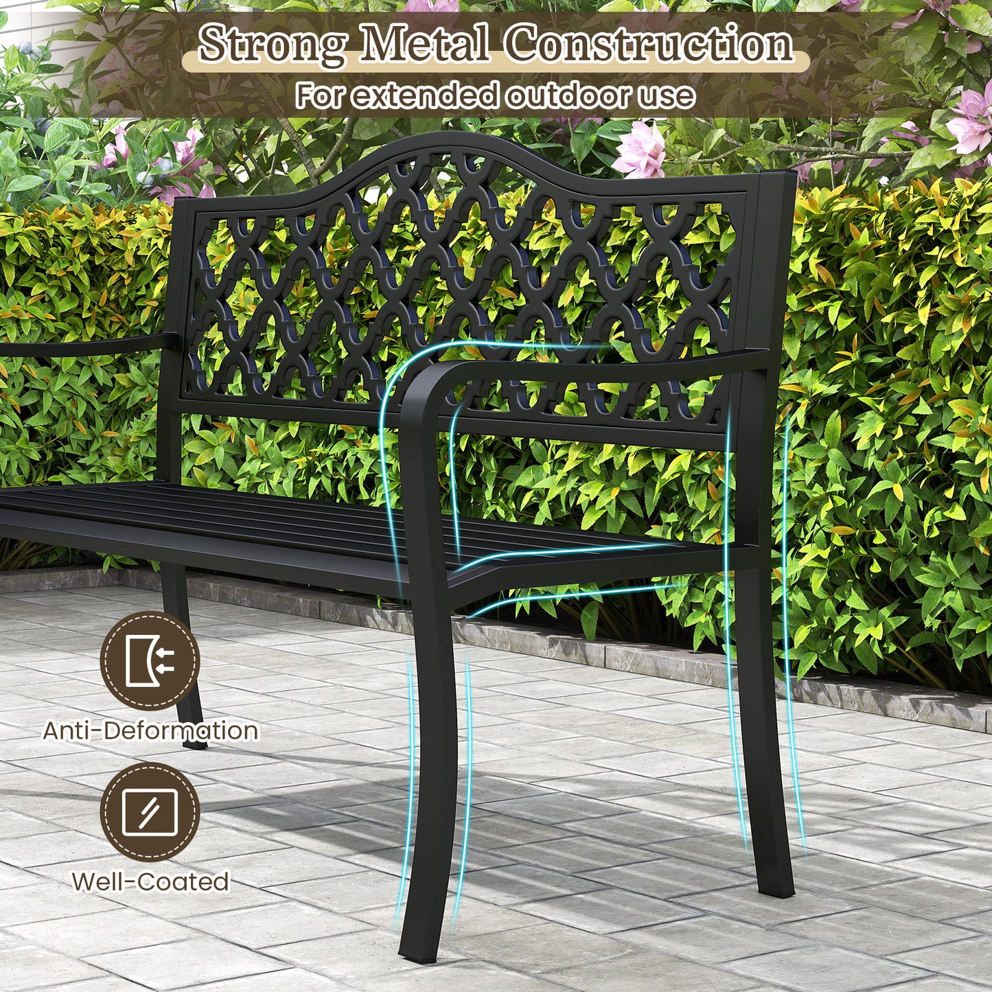 50.5 Inch Metal Patio Bench for 2-3 People with Curved Armrests