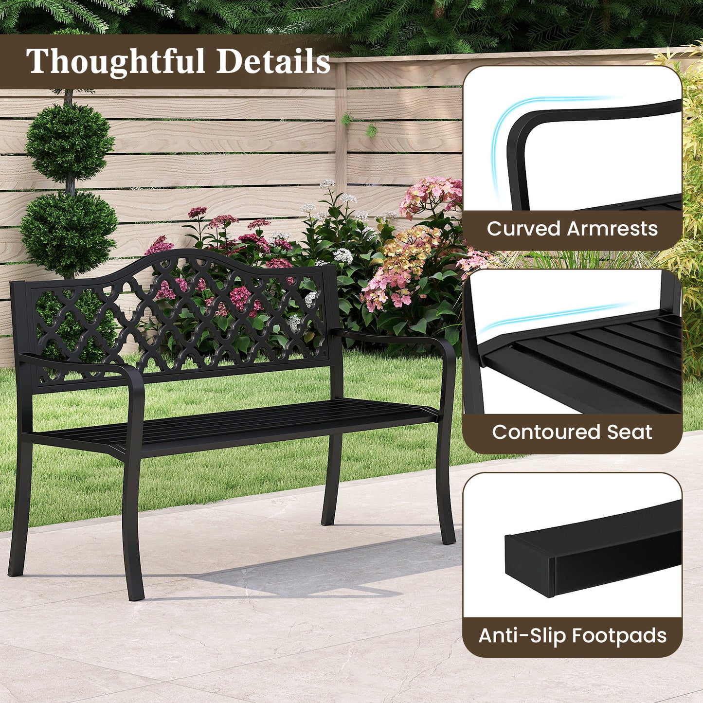 50.5 Inch Metal Patio Bench for 2-3 People with Curved Armrests