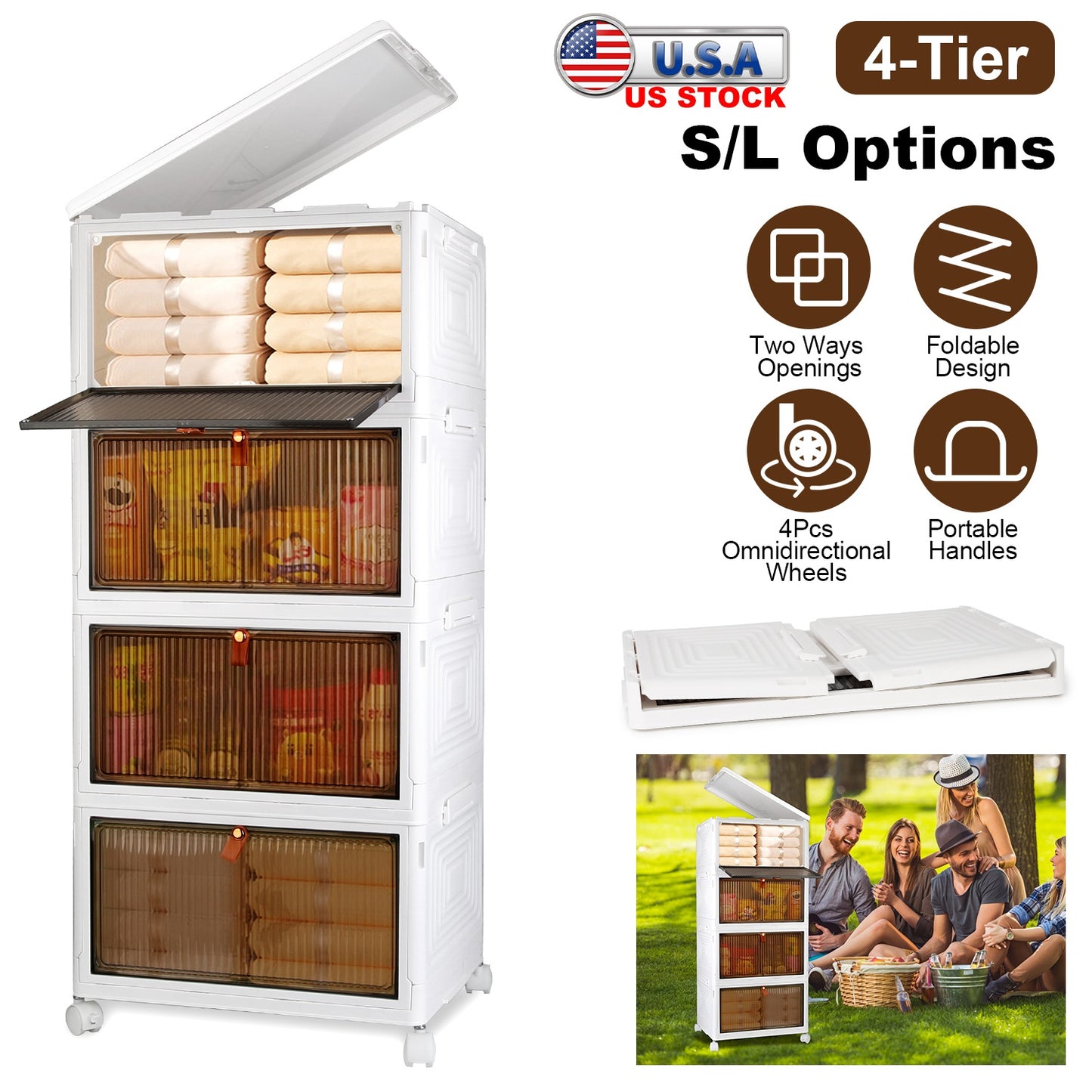 4-Tier Stackable Storage Bins with Wheels and Magnetic Door