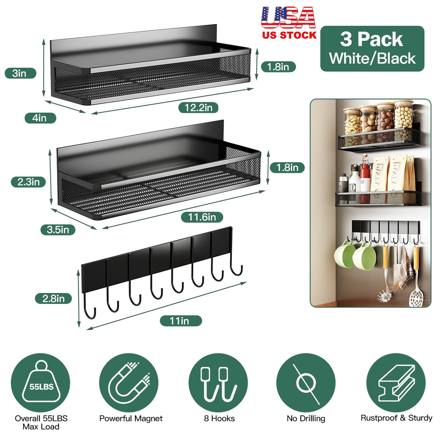 Magnetic Spice Rack 3-Pack with Hooks for Fridge Storage