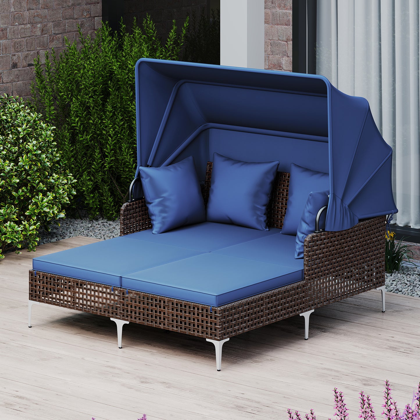 Outdoor Daybed with Retractable Canopy - PE Wicker Rattan
