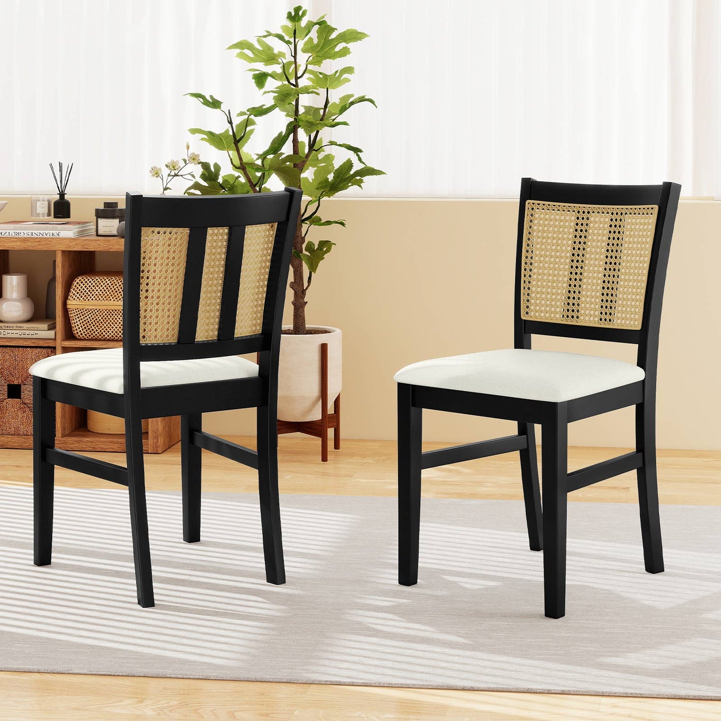 Rattan Dining Chairs Set of 2 with Cushioned Seats