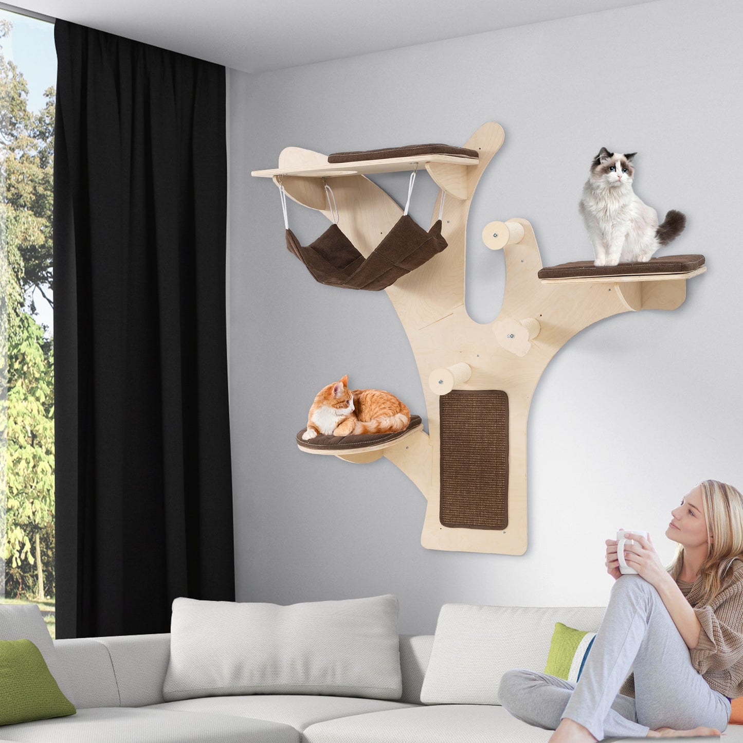 Wall-Mounted Cat Tower Cat Wall Shelves Furniture with Perch-Brown